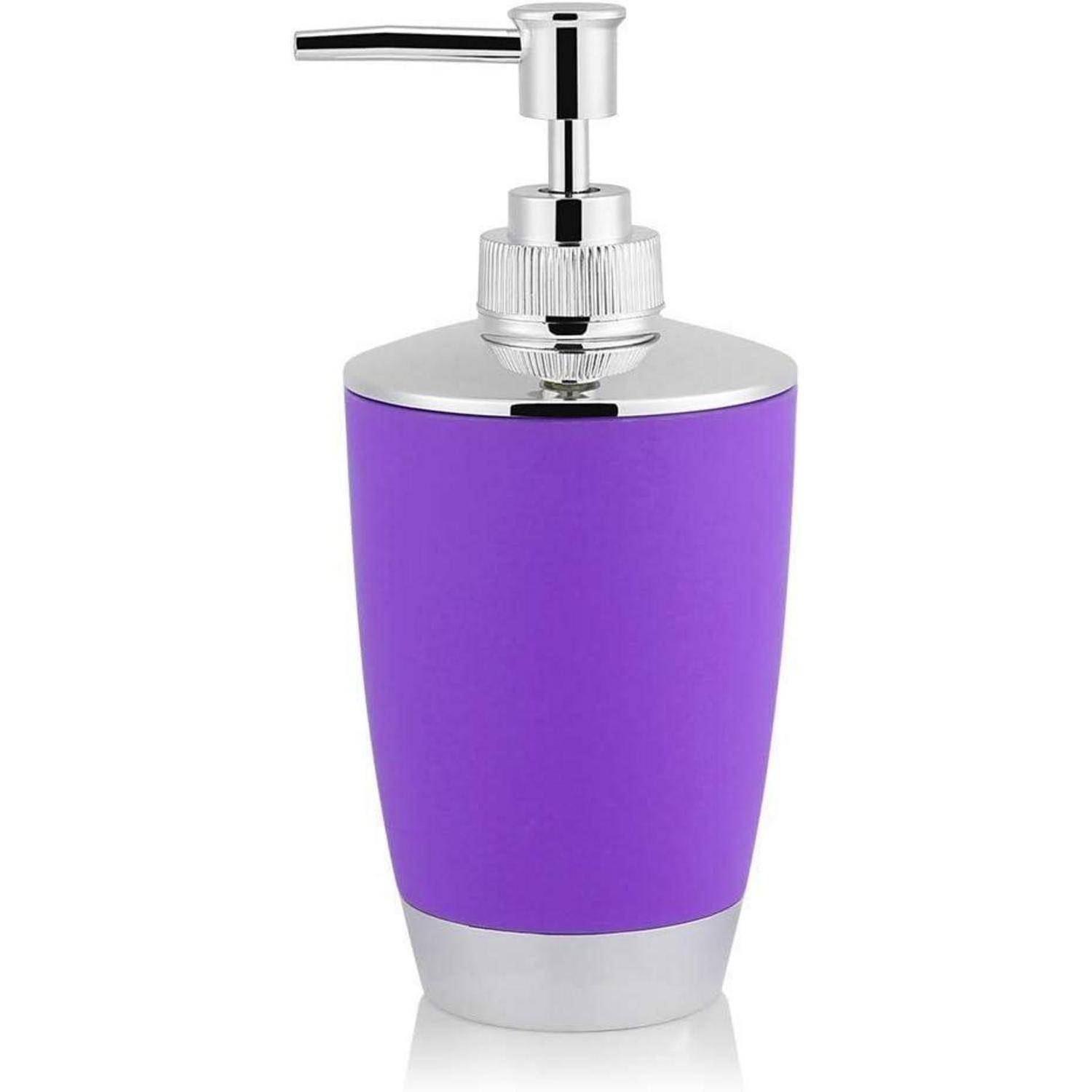 Violett-silberner Seifenspender mit Pumpaufsatz auf weißem Hintergrund.