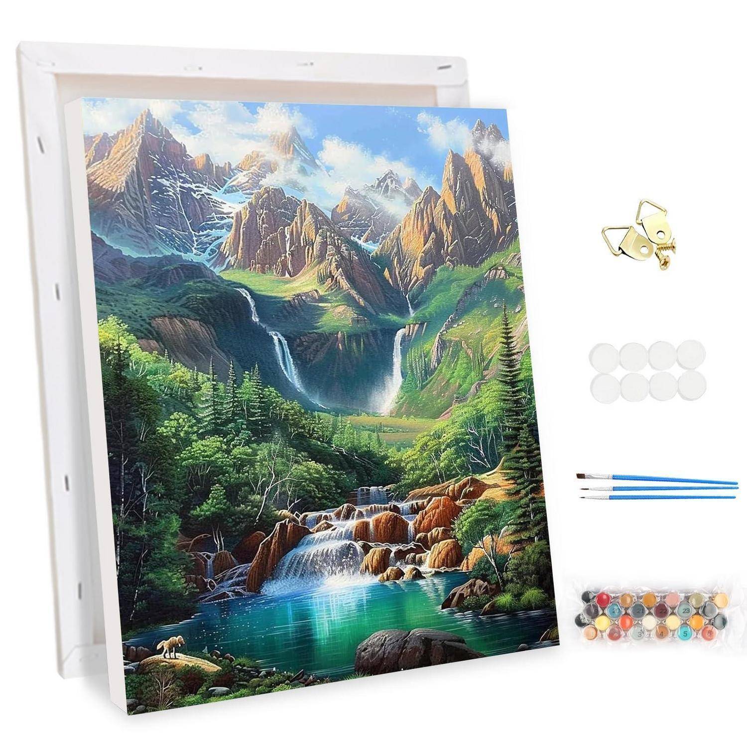 DIY-Diamantmalerei-Set mit einer Bergwasserfalllandschaft auf einer gerahmten Leinwand, einschließlich Bohrwanne, Applikationsstiften, Wachs und Edelsteinen.