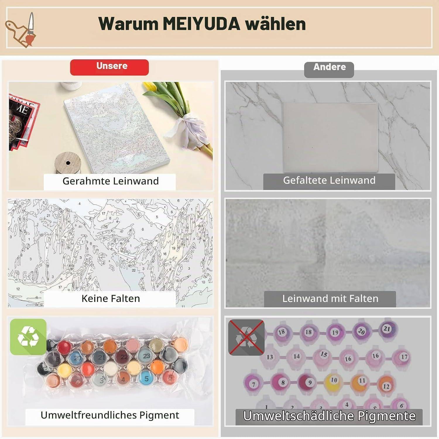 Deutsches Vergleichsgrafik: MEYUDAs gerahmte Leinwand, faltenfreie Leinwand und umweltfreundliche Pigmente versus gefaltete Leinwand, zerknitterte Leinwand und schädliche Pigmente von anderen Marken.