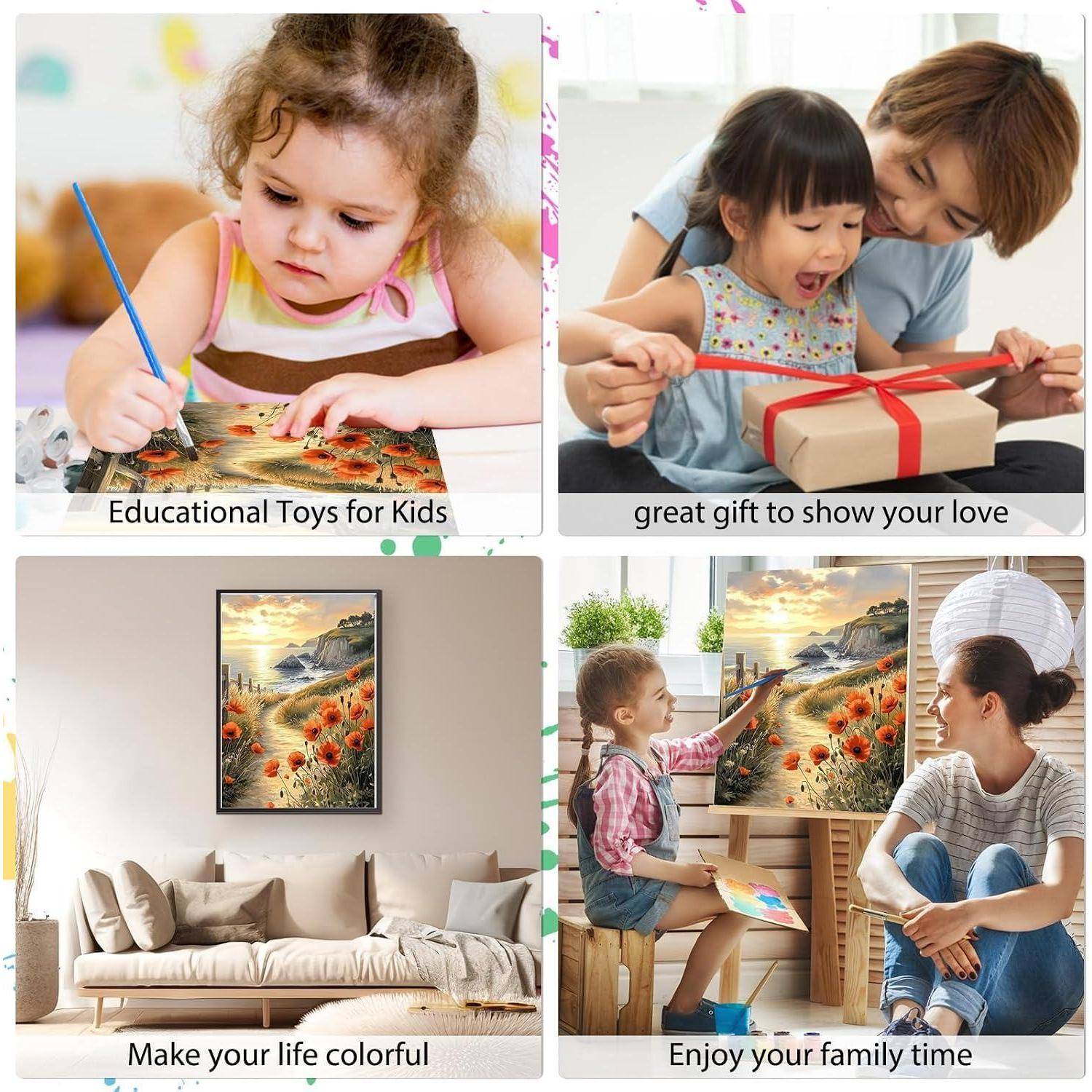 Vier Bildanzeigen: Ein Kind malt, ein Kind erhält ein Geschenk, eine farbenfrohe Wandmalerei über einem Sofa und eine Familie genießt gemeinsam Kunst; Beschriftungen fördern Spielzeug, Geschenke, Heimdekoration und gemeinsame Familienzeit.