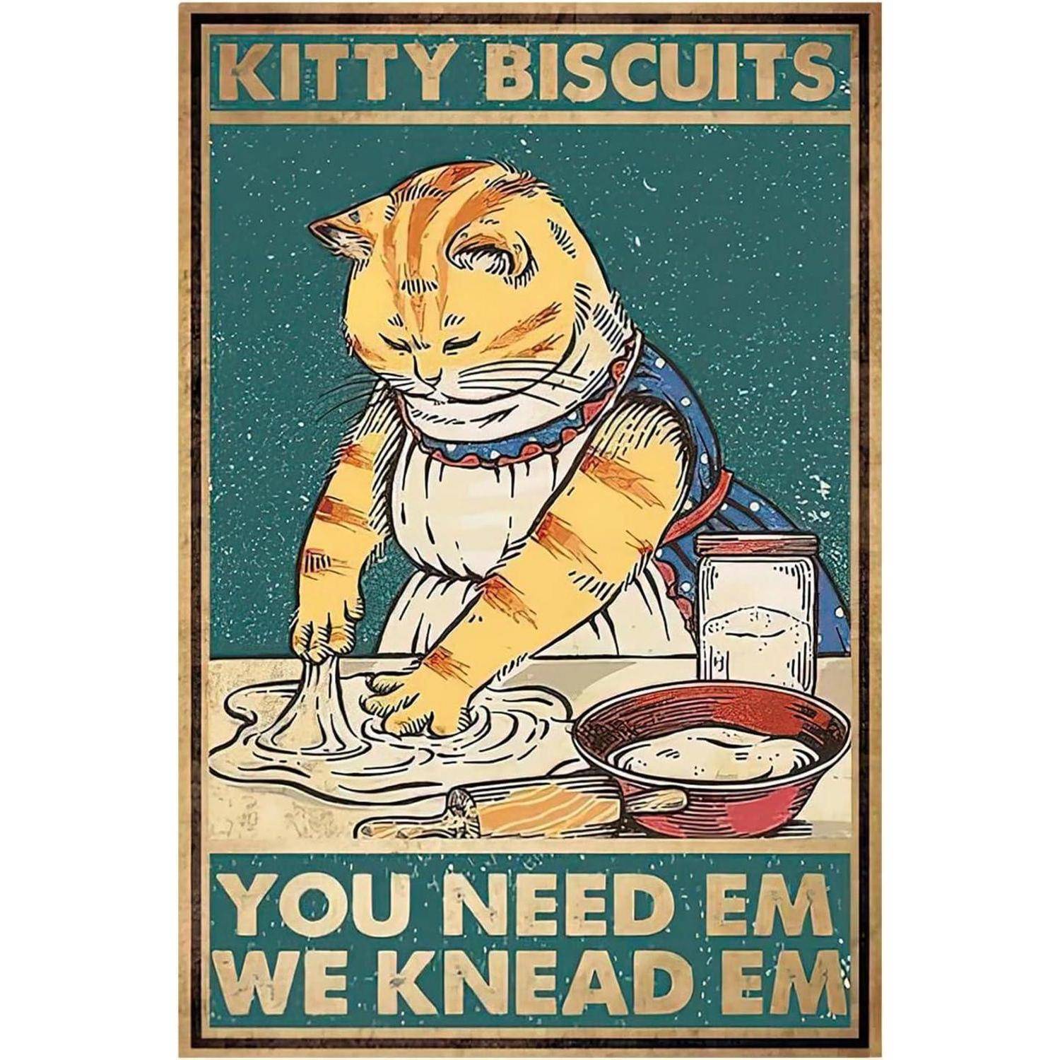 Vintage-Plakat einer Katze, die Teig knetet, mit dem Text „KITTY BISCUITS