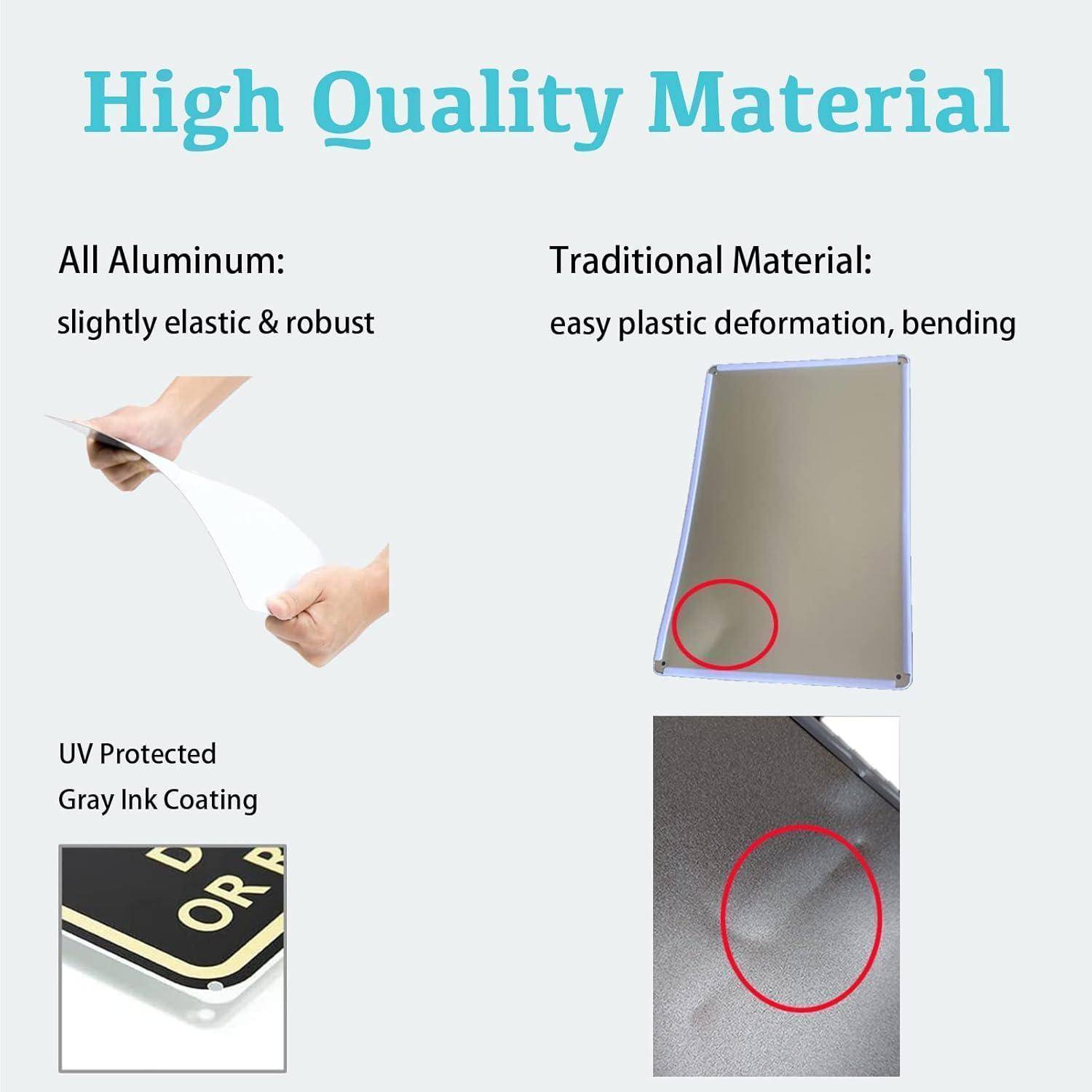 Infografik zum Vergleich von vollständig Aluminium und traditionellem Material: Aluminium ist leicht elastisch und UV-geschützt, während das traditionelle Material sich verbiegt und plastische Verformung zeigt.