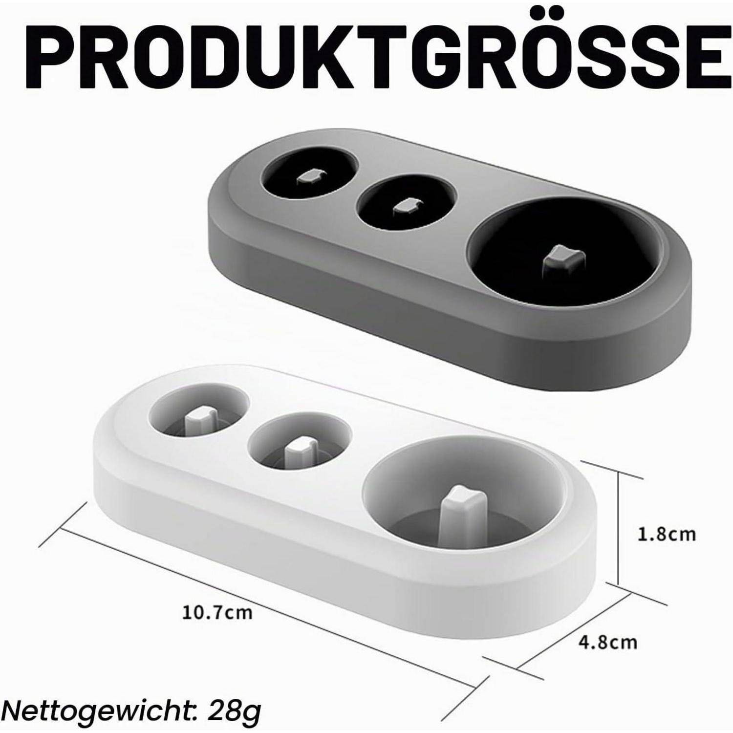 Produktgrößen-Diagramm mit einem abgerundeten Drei-Slot-Stecker/Halter in Dunkelgrau und Weiß, gekennzeichnet mit „PRODUKTGRÖSSE