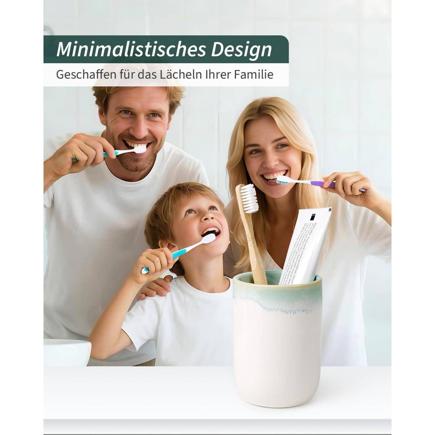 Werbebild einer lächelnden Familie, die sich die Zähne putzt, mit deutschem Text „Minimalistisches Design