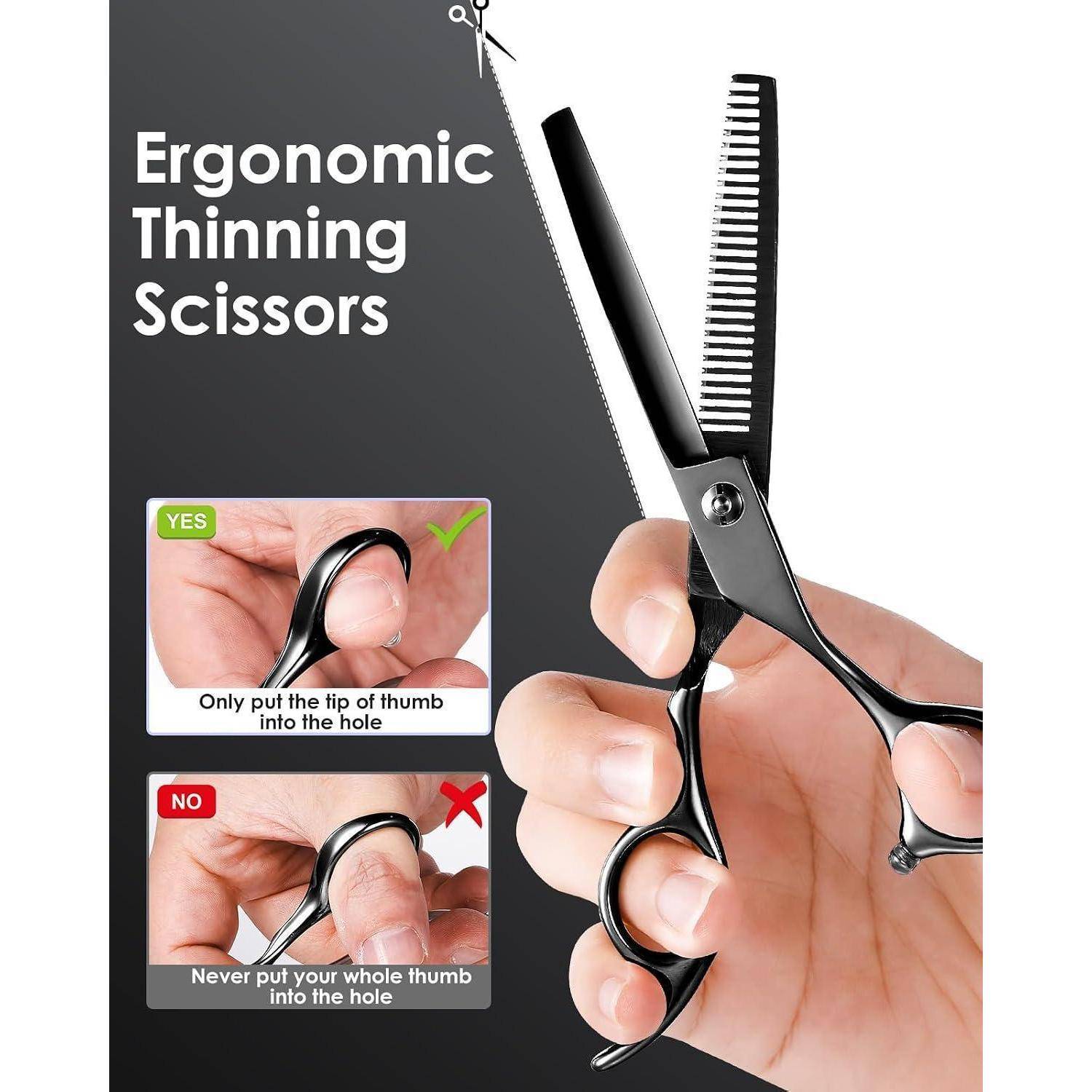 Anzeige für ergonomische Effilierscheren, die eine Hand zeigt, die schwarze Scheren hält, sowie Nahaufnahmen mit korrekter Daumenlage, gekennzeichnet mit "JA"" und ""NEIN"".