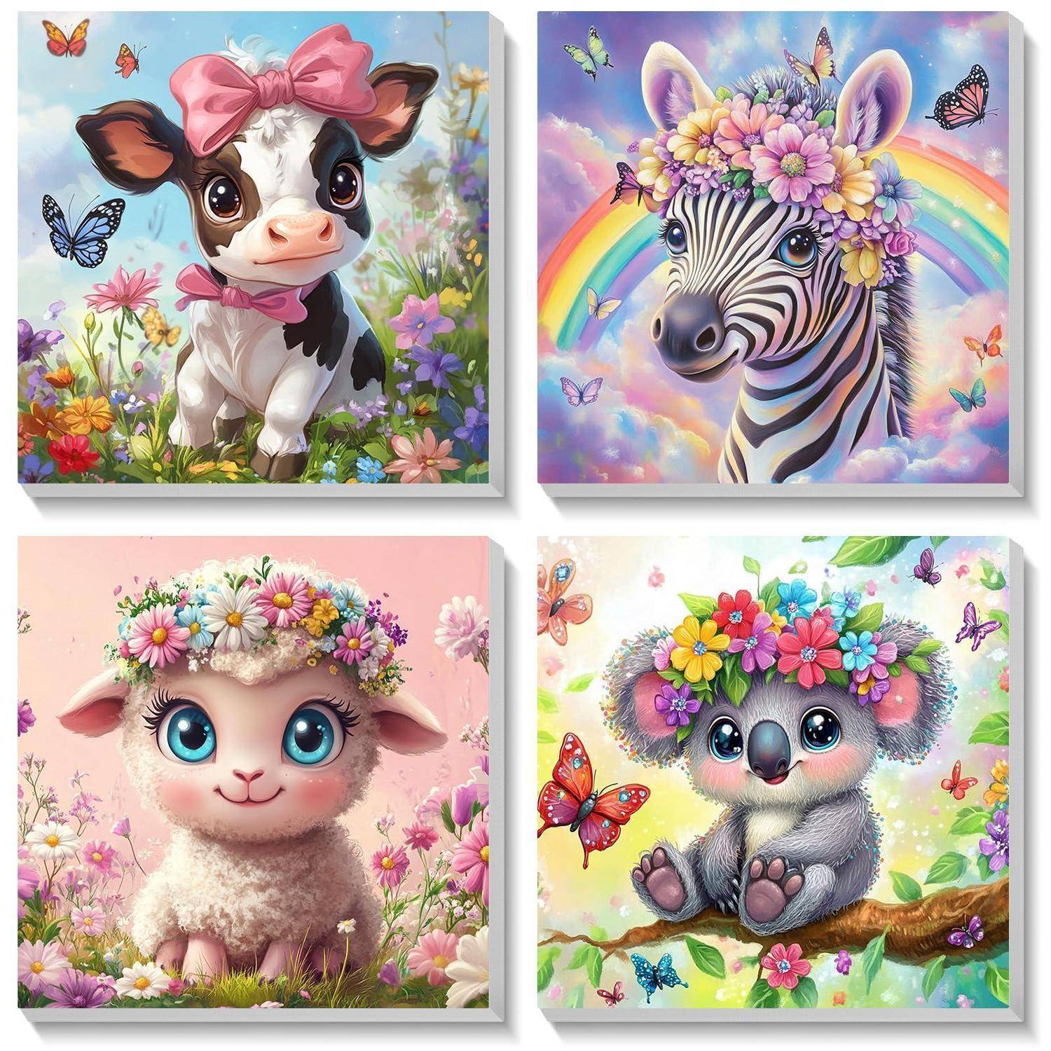 Vier farbenfrohe quadratische Illustrationen niedlicher Tierbabys mit Blumenkränzen: ein Kalb, ein Zebra, ein Lamm und ein Koala, jeweils umgeben von Schmetterlingen und Pastellblumen.