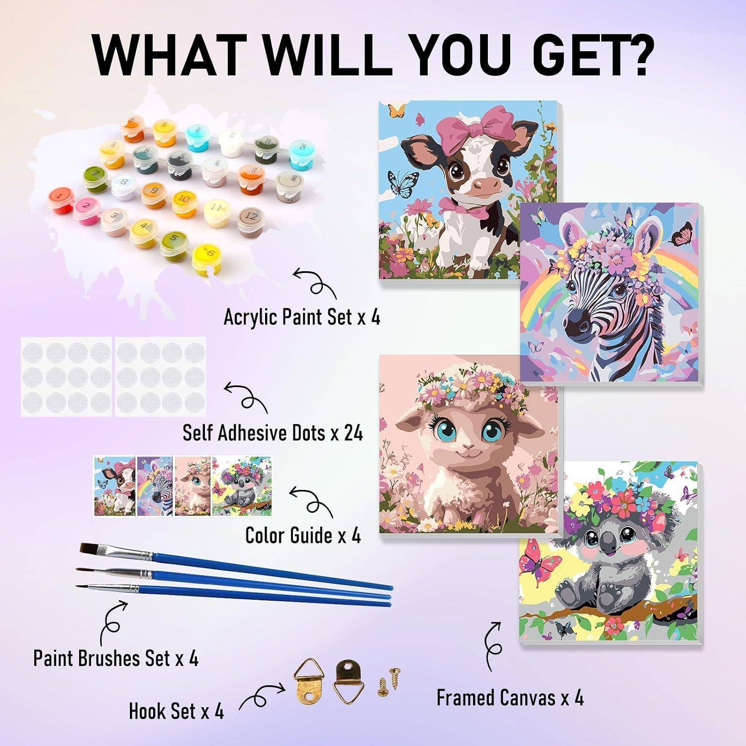 Produktinhalt-Grafik zeigt 4 Acrylfarben-Sets, 24 Klebepunkte, 4 Farbanleitungen, 4 Pinselsets, 4 Hakensätze und 4 gerahmte Leinwände mit Tierdesigns.
