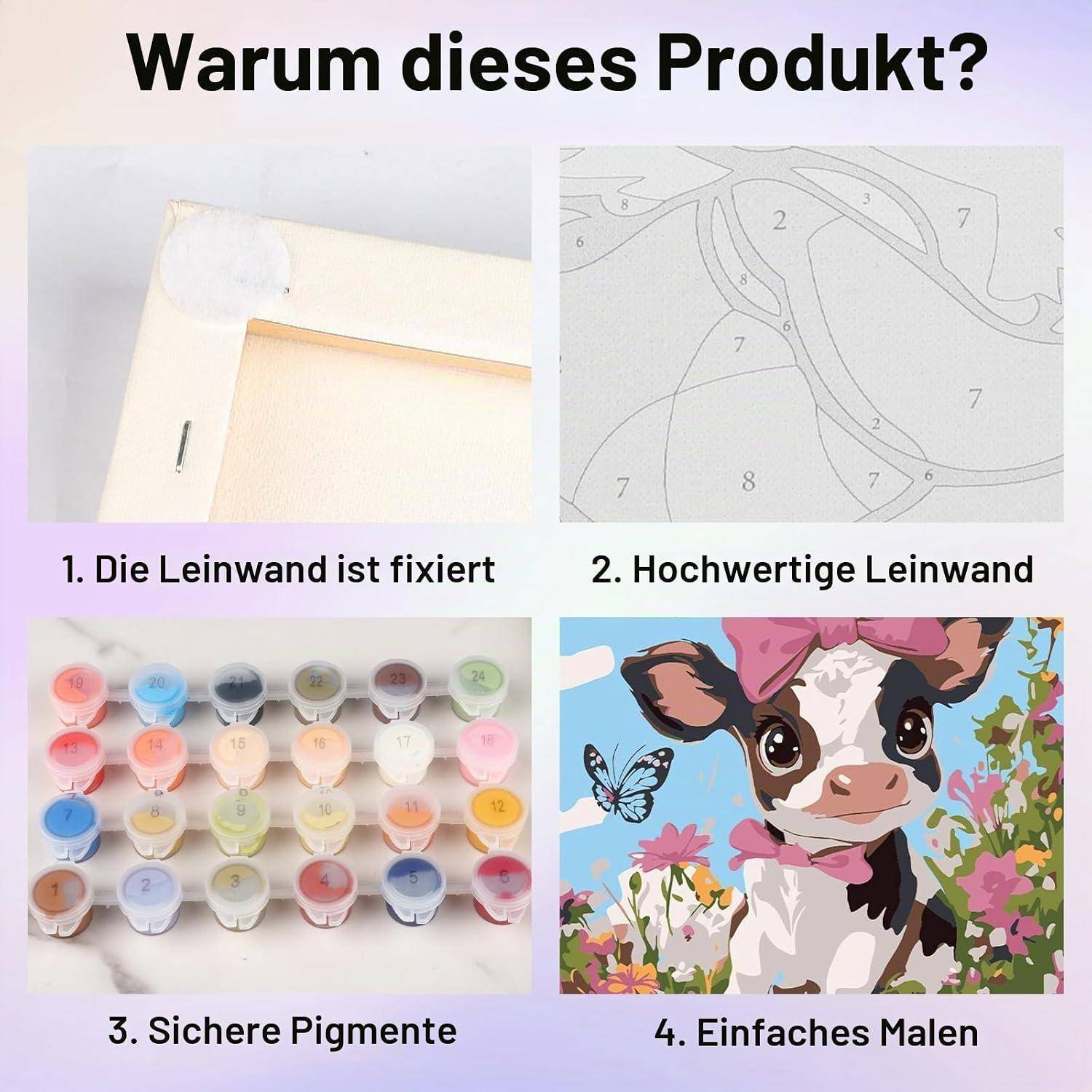 Bowetile 4 Stück Tiere Malen Nach Zahlen Kinder mit Rahmen, Malen Nach Zahlen Kinder mit Rahmen ab 4-8-12+, Diy Gemäide Bastelset auf Leinwand mit