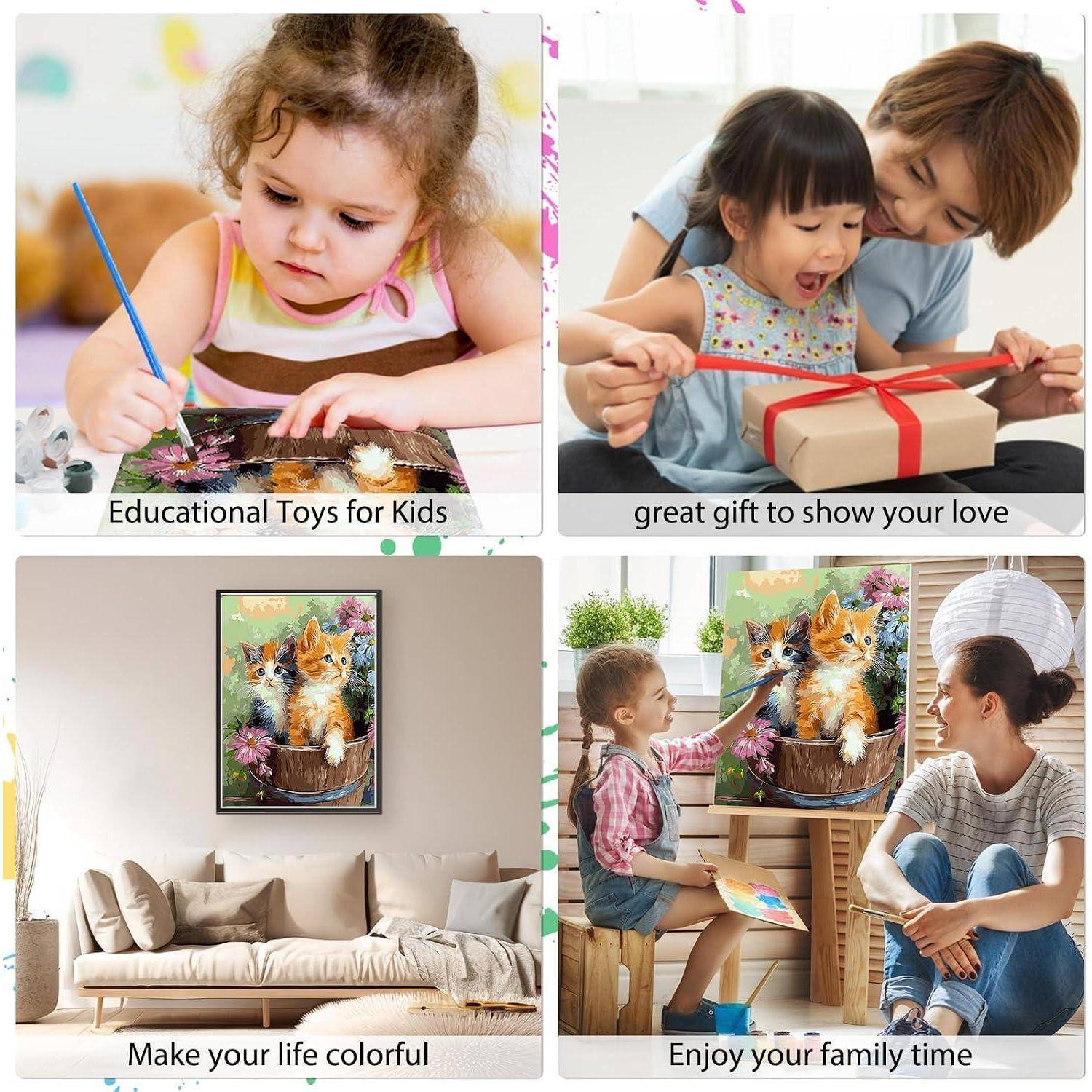 Vierfeldrige Collage: Kinder malen mit „Lernspielzeug für Kinder