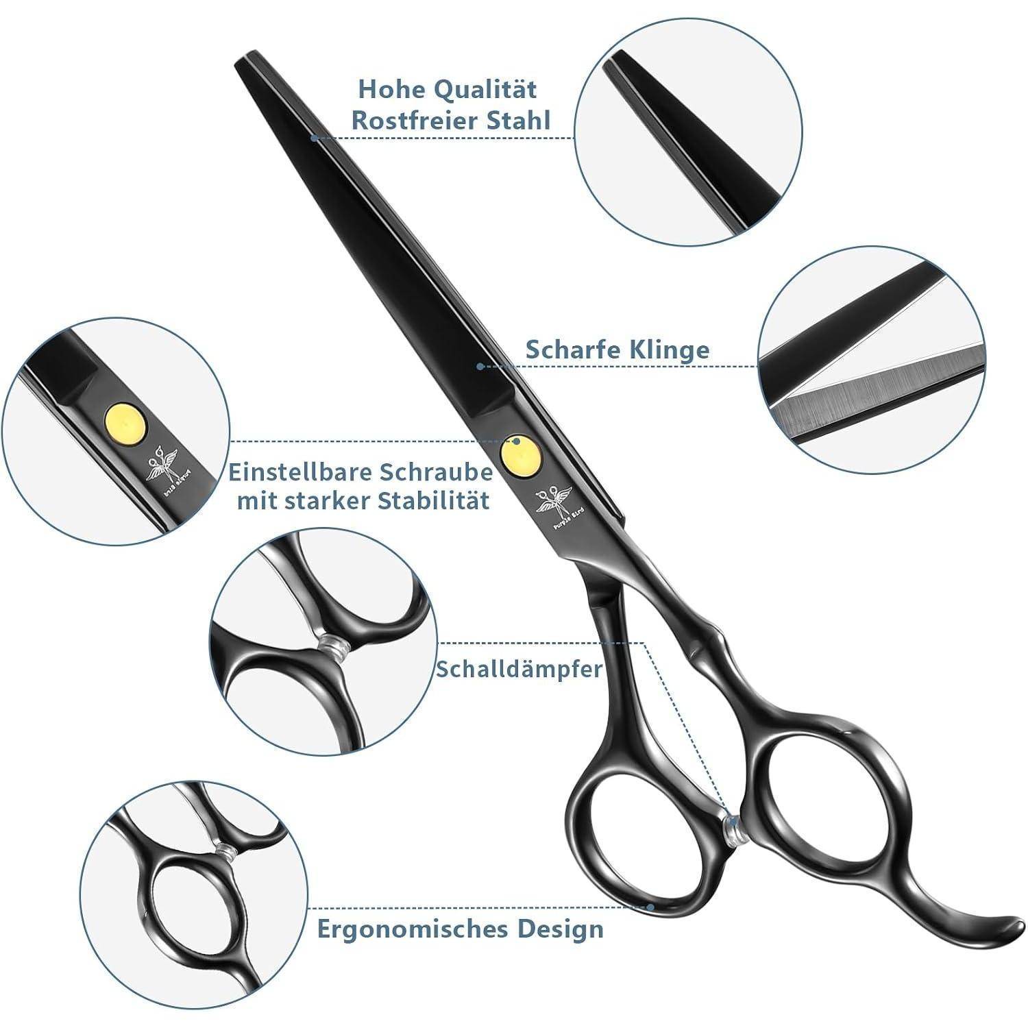 Produktbild einer schwarzen Haarschneideschere mit beschrifteten Nahaufnahmen, die Edelstahl, scharfe Klingen, eine verstellbare Schraube, einen Schalldämpfer und ergonomisches Design hervorheben.