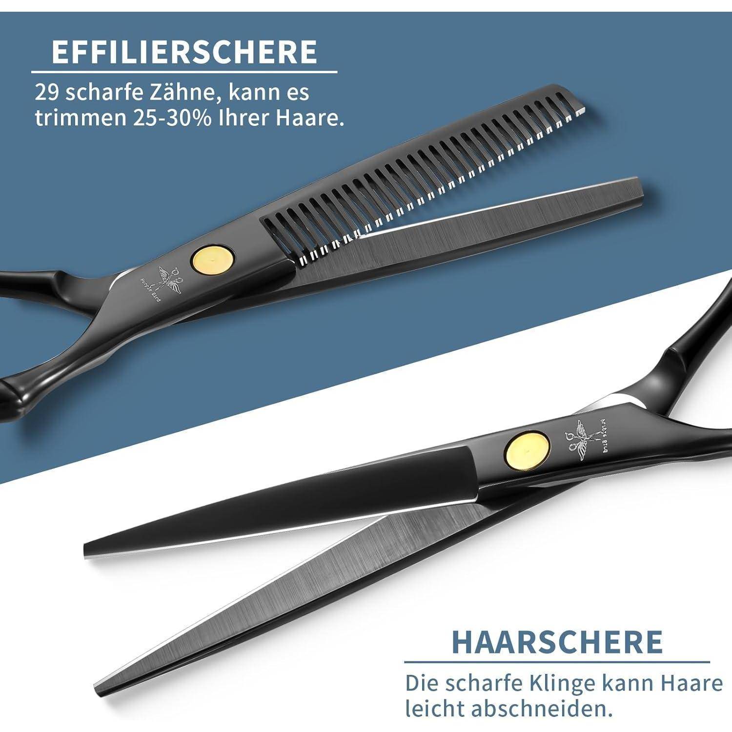 Werbebild von Friseurscheren und Effilierscheren; Text besagt „EFFILIERSCHERE