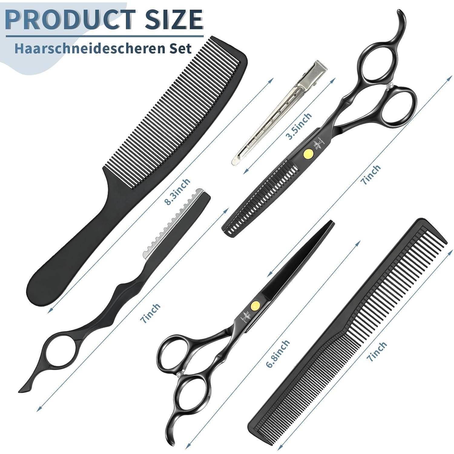 Größentabelle für Haarschneideset mit Kämmen, Scheren, Effilierscheren und einem Clipper-Werkzeug mit gekennzeichneten Längen von 3,5 bis 8,3 Zoll.