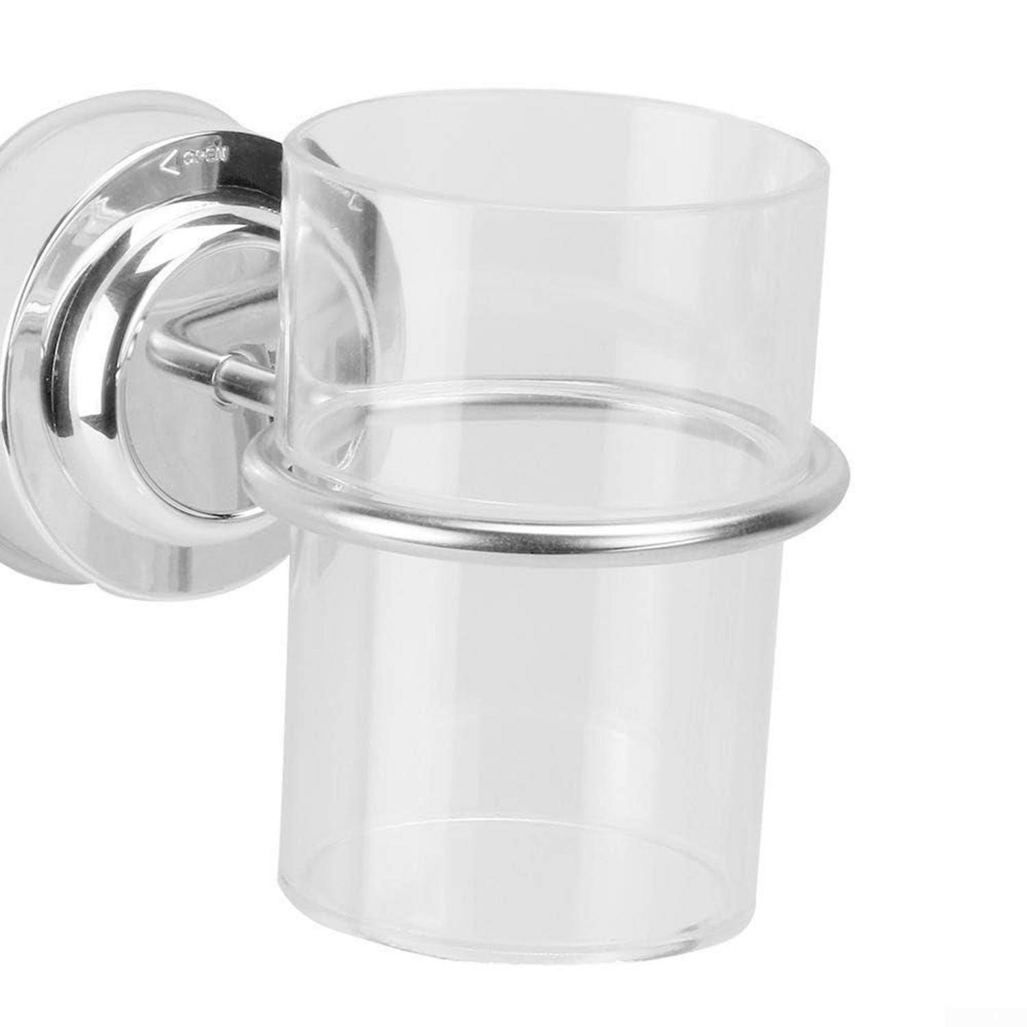 Wandmontierter Zahnbürstenbecher aus Chrom mit transparentem Glaskörper und rundem Halter