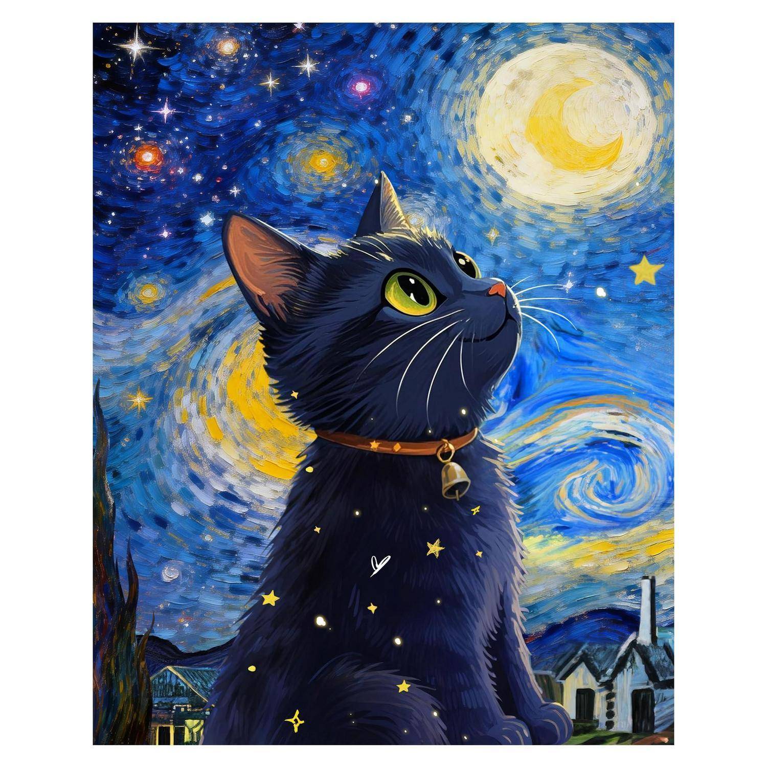 Schwarze Katze mit sternenbedecktem Fell blickt aufwärts gegen einen Sternennacht-artigen blauen Himmel mit wirbelweißen Sternen und einem hellen Mond.