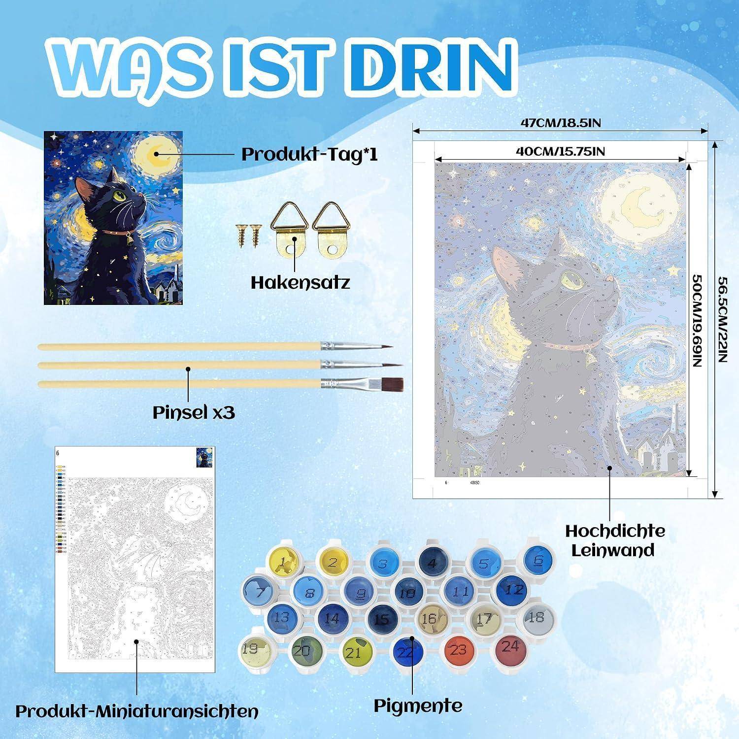 Malbuch-Set-Inhalte: Katzenmotiv-Leinwand, Produktetikett, Aufhängehardware, 3 Pinsel, Miniatur-Vorschau und nummerierte Farbdosen.