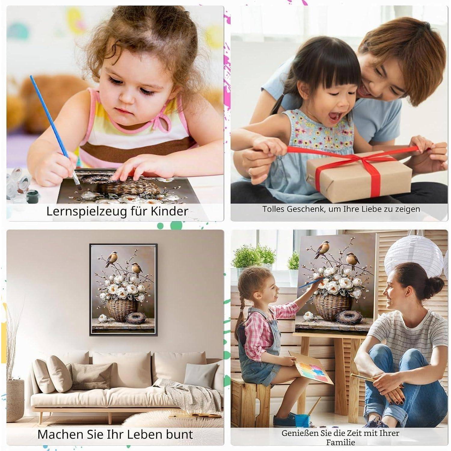 Vier-Panel-Werbecollage: Kind malt Spielzeug an, Eltern und Kind öffnen Geschenk, gemütliches Wohnzimmer mit Blumenwandkunst, und Familie genießt gemeinsame Zeit.