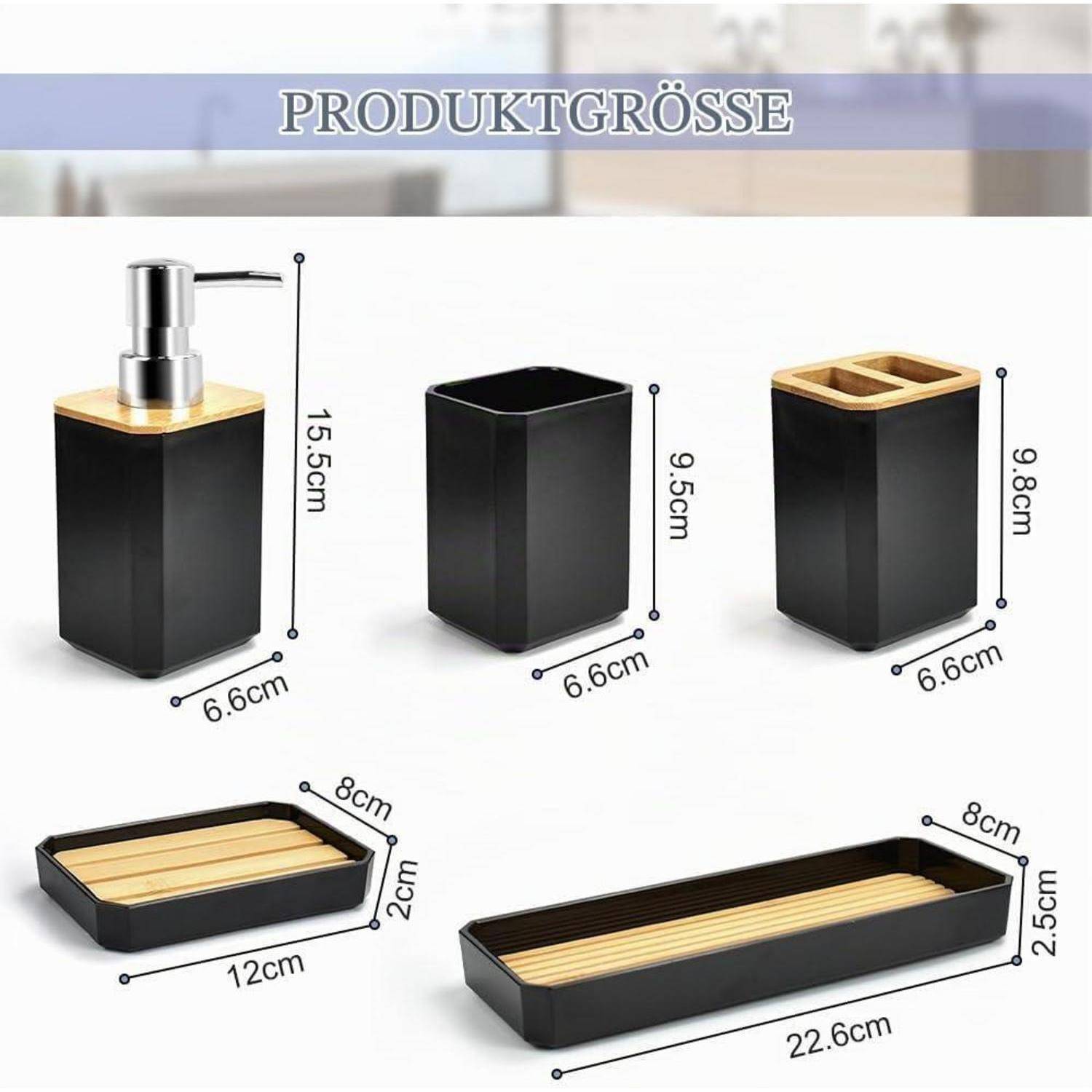Größentabelle für Produkte mit fünf schwarzen Badezimmeraccessoires: Seifenspender 15,5 cm hoch, zwei Behälter 9,5 cm und 9,8 cm hoch, Tablett 12 x 8 x 2 cm, langes Tablett 22,6 x 8 x 2,5 cm.