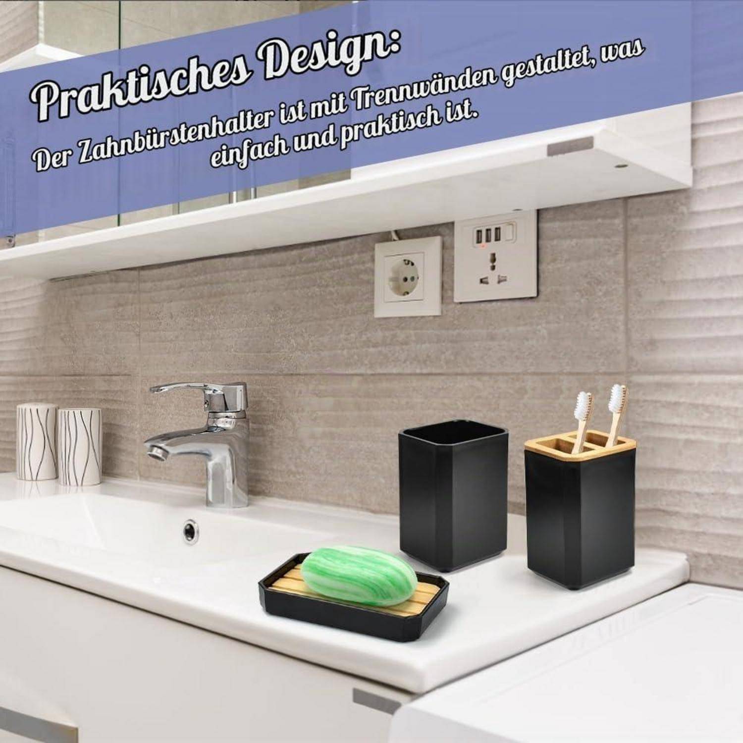 Badezimmer-Waschtisch-Arbeitsplatte mit Zahnbürstenhalter, Seifenschale und schwarzem Abfallbehälter; der deutsche Text besagt, dass der Zahnbürstenhalter Fächer für praktisches Design hat.