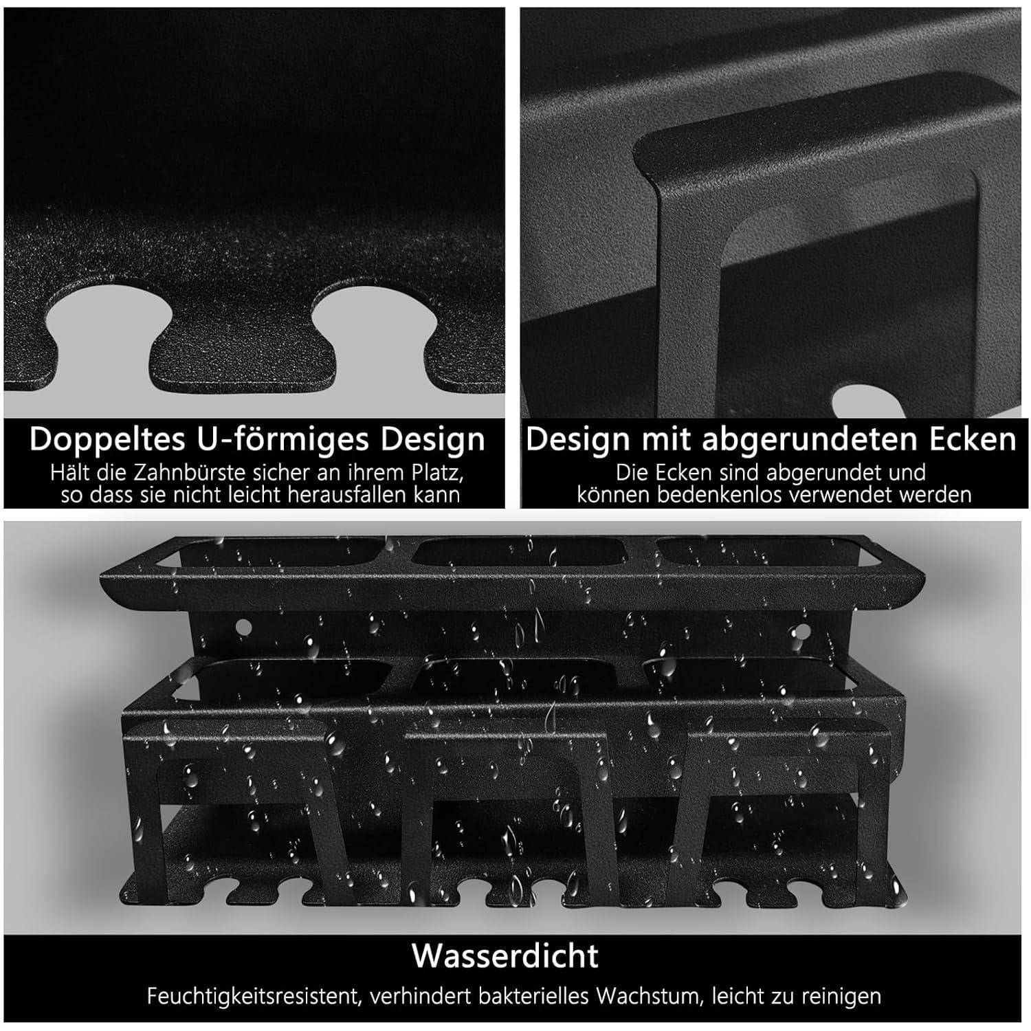 Produktgrafik eines schwarzen Zahnbursthalters mit dualen U-förmigen Schlitzen, abgerundeten Ecken und wasserdichtem, leicht zu reinigendem Design mit deutschen Funktionsetiketten.