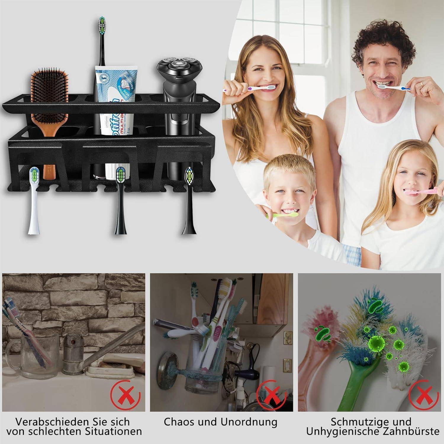 Badezimmerorganizer für die Wand hält Zahnbürsten, Zahnpasta und Rasierer ordentlich; eingefügte Fotos zeigen eine Familie beim Zähneputzen und unordentliche, schmutzige Alternativen, die mit roten Kreuzen gekennzeichnet sind.
