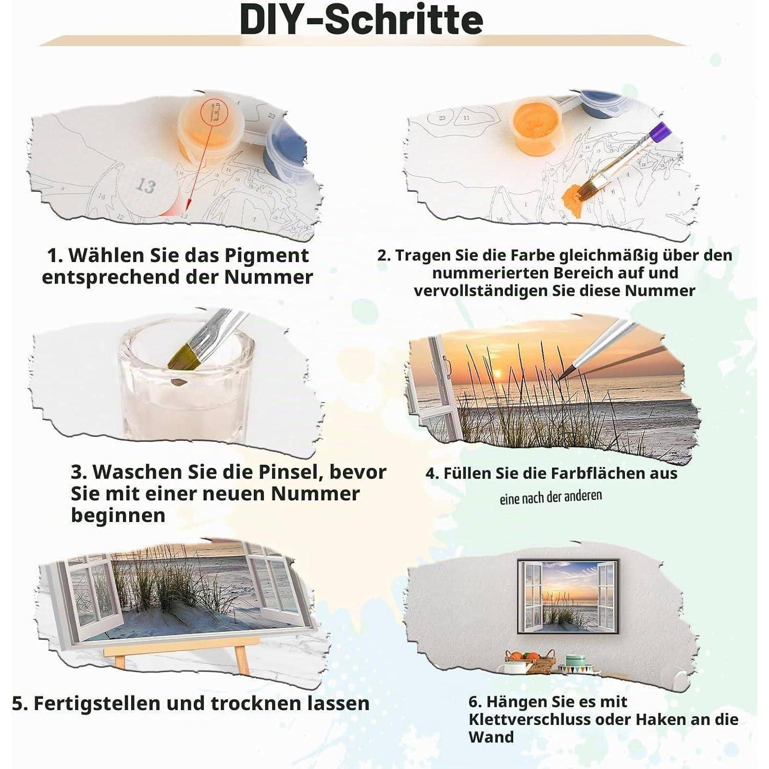 Deutsche DIY-Malanleitung: Wählen Sie Farbe nach Nummer, füllen Sie die nummerierten Bereiche aus, waschen Sie den Pinsel zwischen den Farben, beenden Sie das Bild und hängen Sie es dann an die Wand.