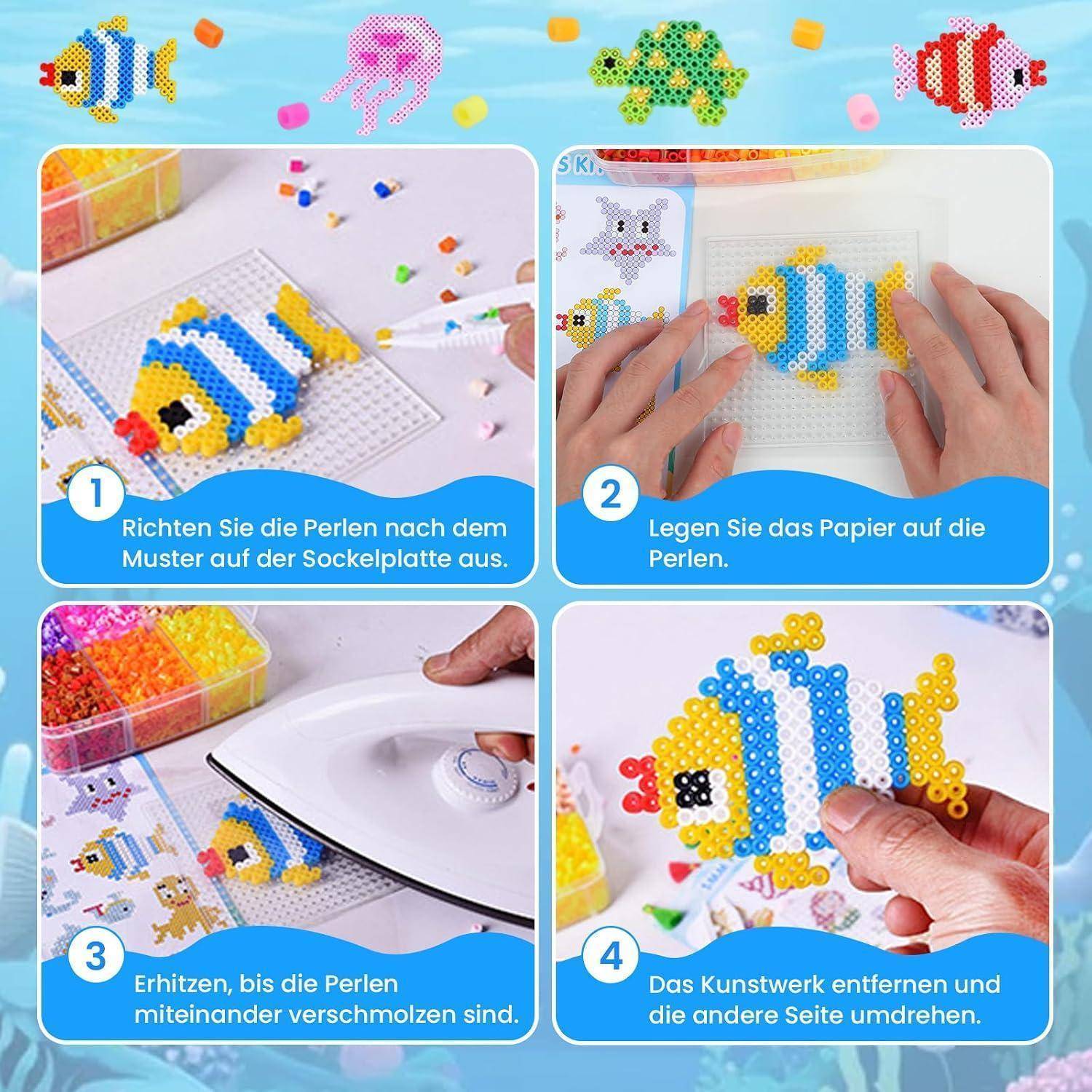 Anleitung zum Erstellen eines Fischperlencharms: Perlen auf einem Steckbrett anordnen, mit Papier abdecken, mit einem Bügeleisen zusammenschweißen, dann fertig machen und das fertige Design umdrehen.