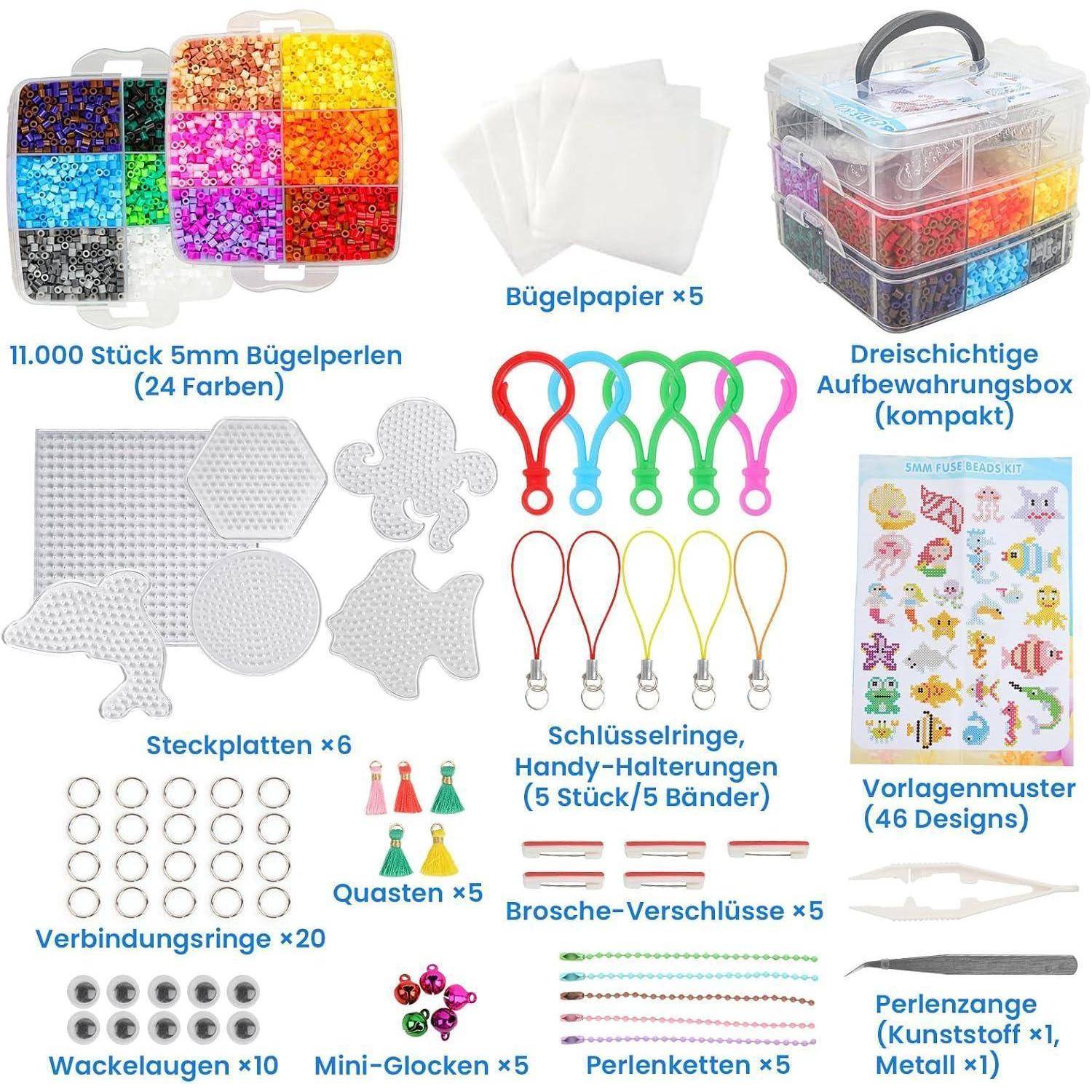 Collage von Inhalten eines Bastelperlen-Sets mit deutschen Beschriftungen: 11.000 5-mm-Perlen in 24 Farben, Papier, kompakte Aufbewahrungsbox, Steckbretter, Schlüsselanhänger, Verschlüsse, Ringe, Quasten, Stifte, Mini-Glocken, Perlenfäden, Werkzeuge und Vorlagen.