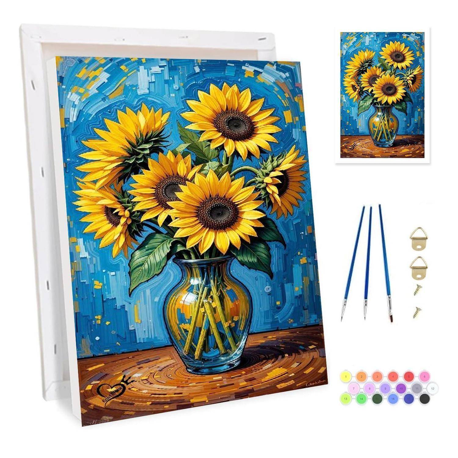 DIY-Malen-nach-Zahlen-Set mit Sonnenblumenvase-Leinwand, zwei Pinseln, Wandhaken und farbigen Farbdosen; kleines Referenzbild wird angezeigt.