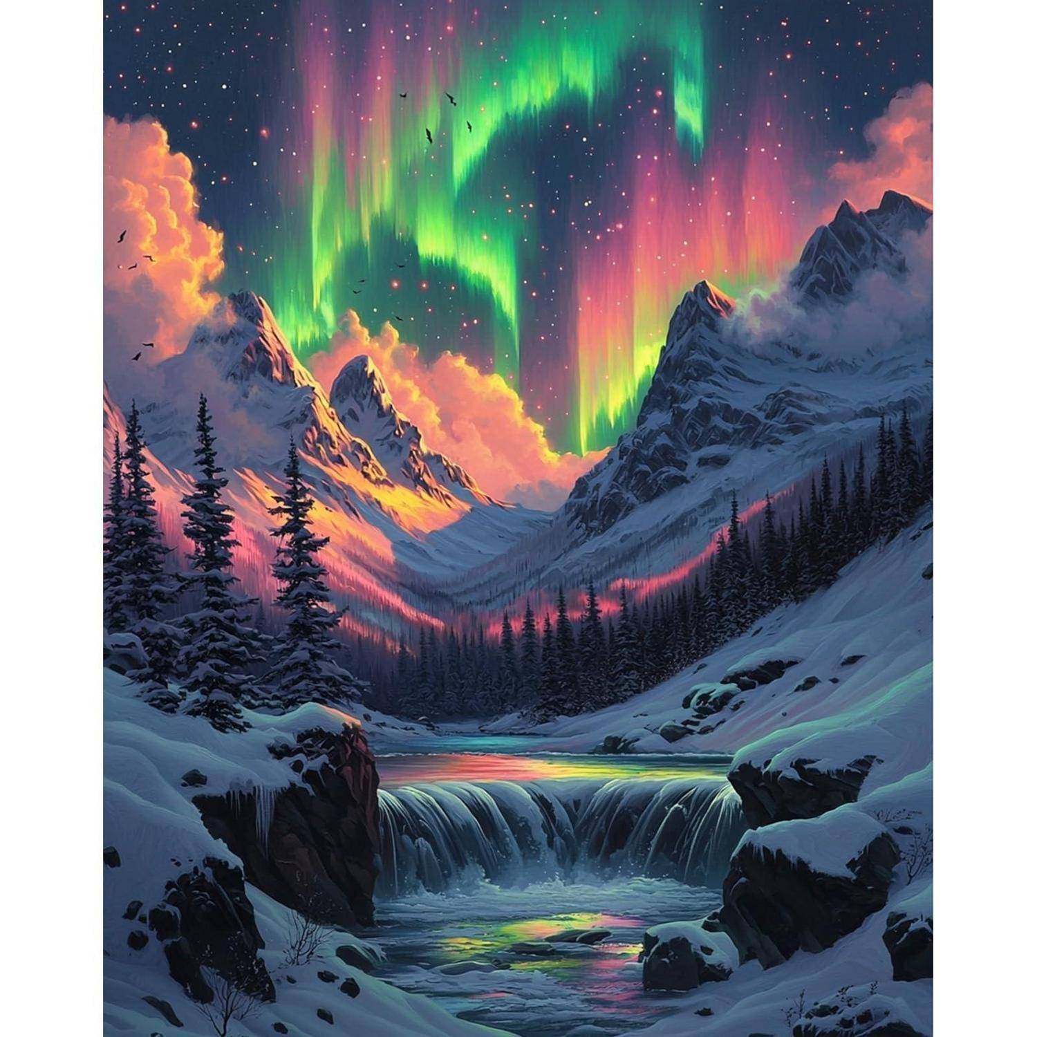Schneebedecktes Bergtal in der Nacht mit farbenfrohem Nordlicht über den Gipfeln und einem gefrorenen Wasserfall im Vordergrund.