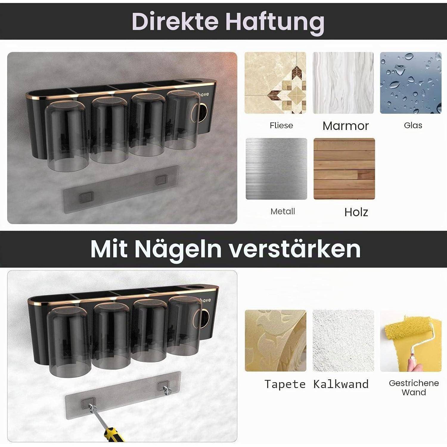 iHave Zahnbürstenhalter Wand mit Zahnpastaspender, Toothbrush Holder mit 4 Zahnputzbechern, elektrische Zahnbürste Halter ohne Bohren, Badezimmer Or