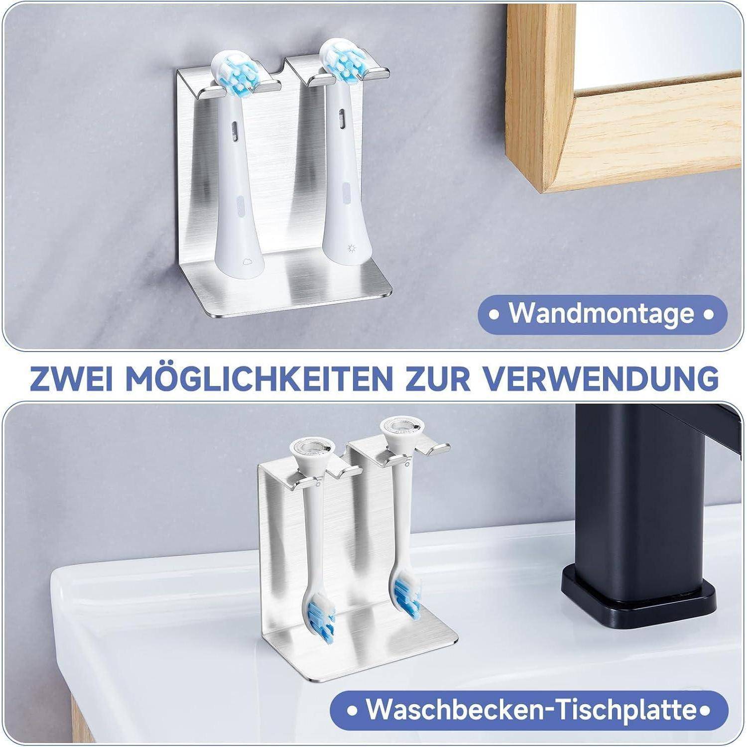 Zahnbürstenhalter in zwei Verwendungsarten dargestellt: wandmontiert oder auf der Badezimmer-Arbeitsplatte platziert.