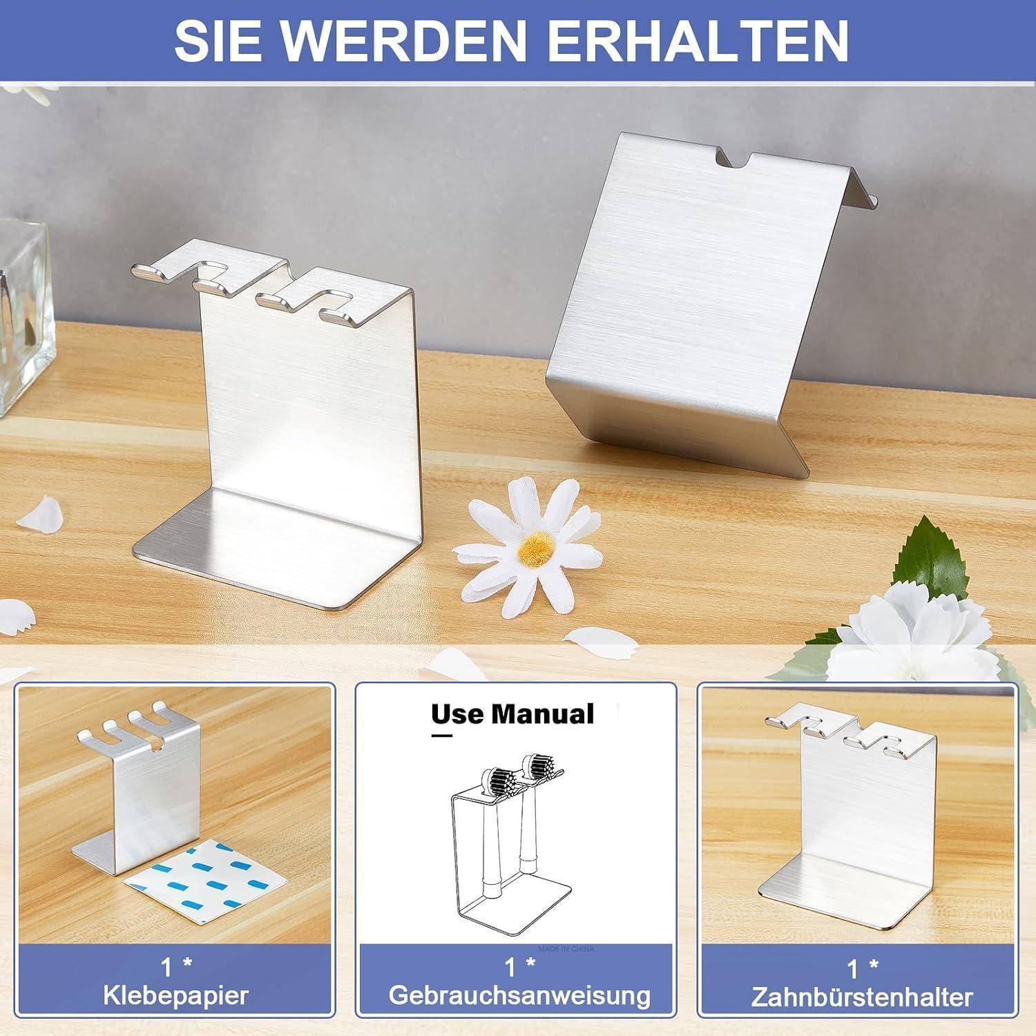 Produktfoto eines Zahnbürstenhalters aus Edelstahl mit zwei Schlitzen, gezeigt auf einer Holzoberfläche; Einschubbilder zeigen einen Clip-Papierhalter und eine Bedienungsanleitung.