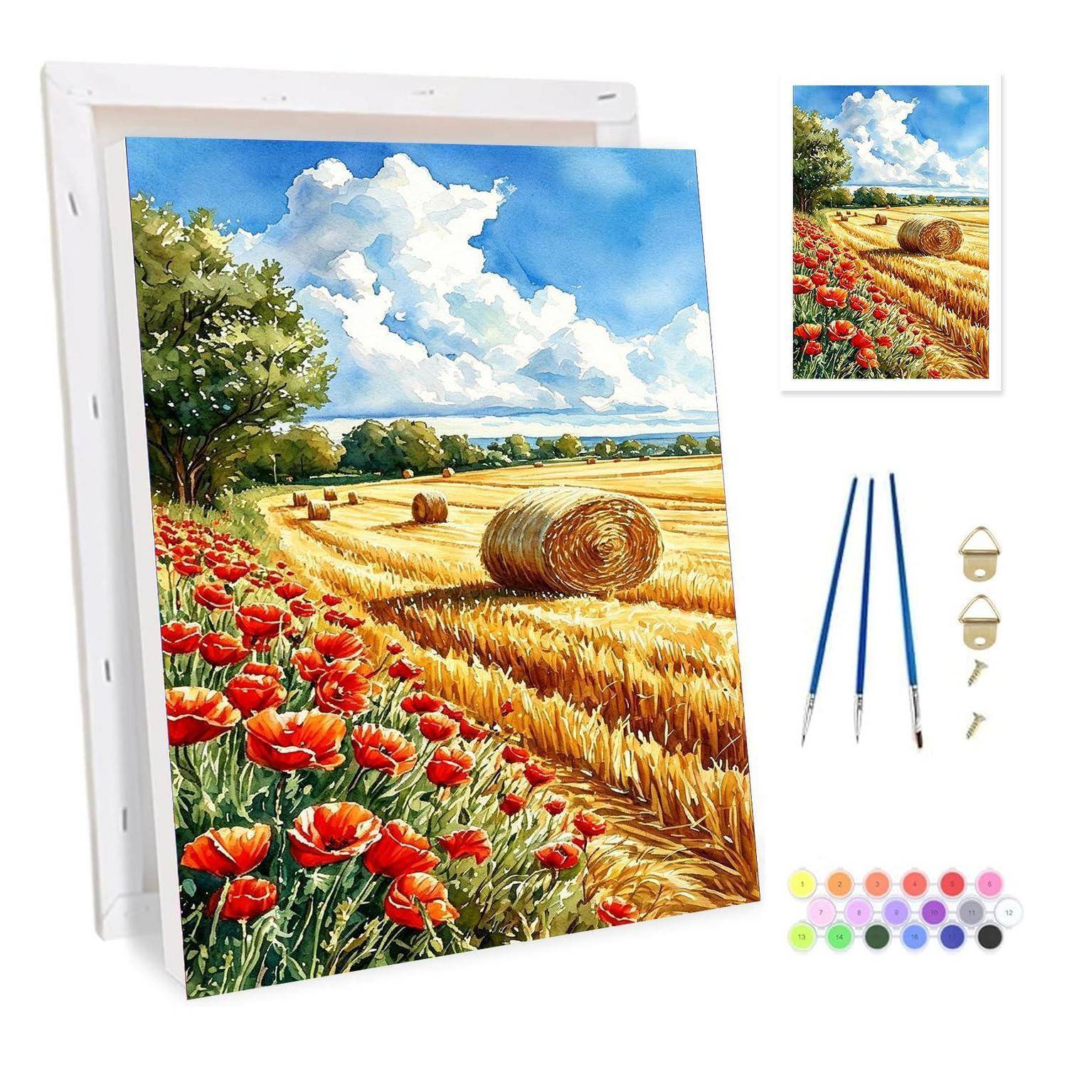 DIY Malen-nach-Zahlen-Set mit einem Landschaftsfeld mit roten Blumen, Heuballen, blauem Himmel, Pinseln, Haken und Farbtöpfen.