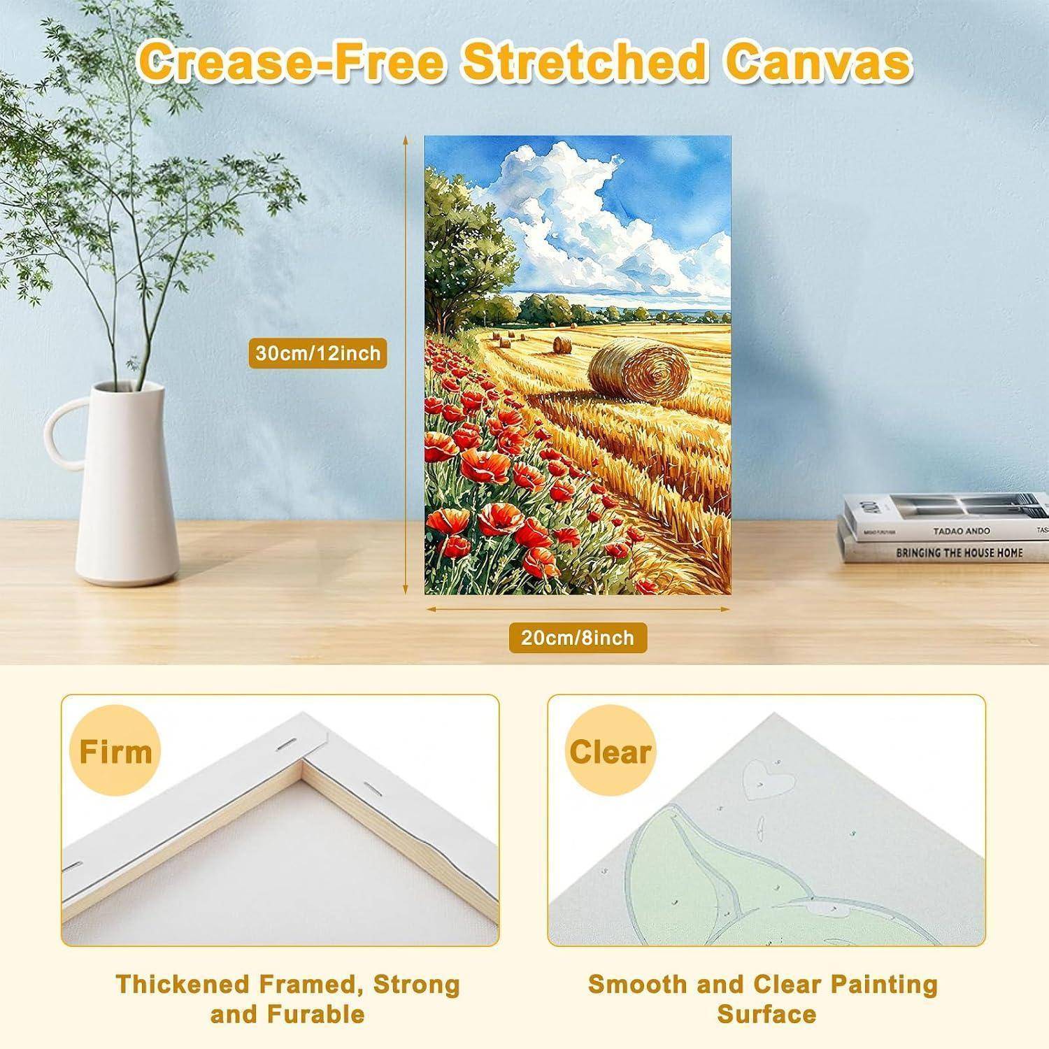 Werbebild eines 20 x 30 cm großen gerahmten Leinwanddrucks mit einem bunten Blumenfeld unter einem bewölkten Himmel, mit Hinweisen auf „Stabil