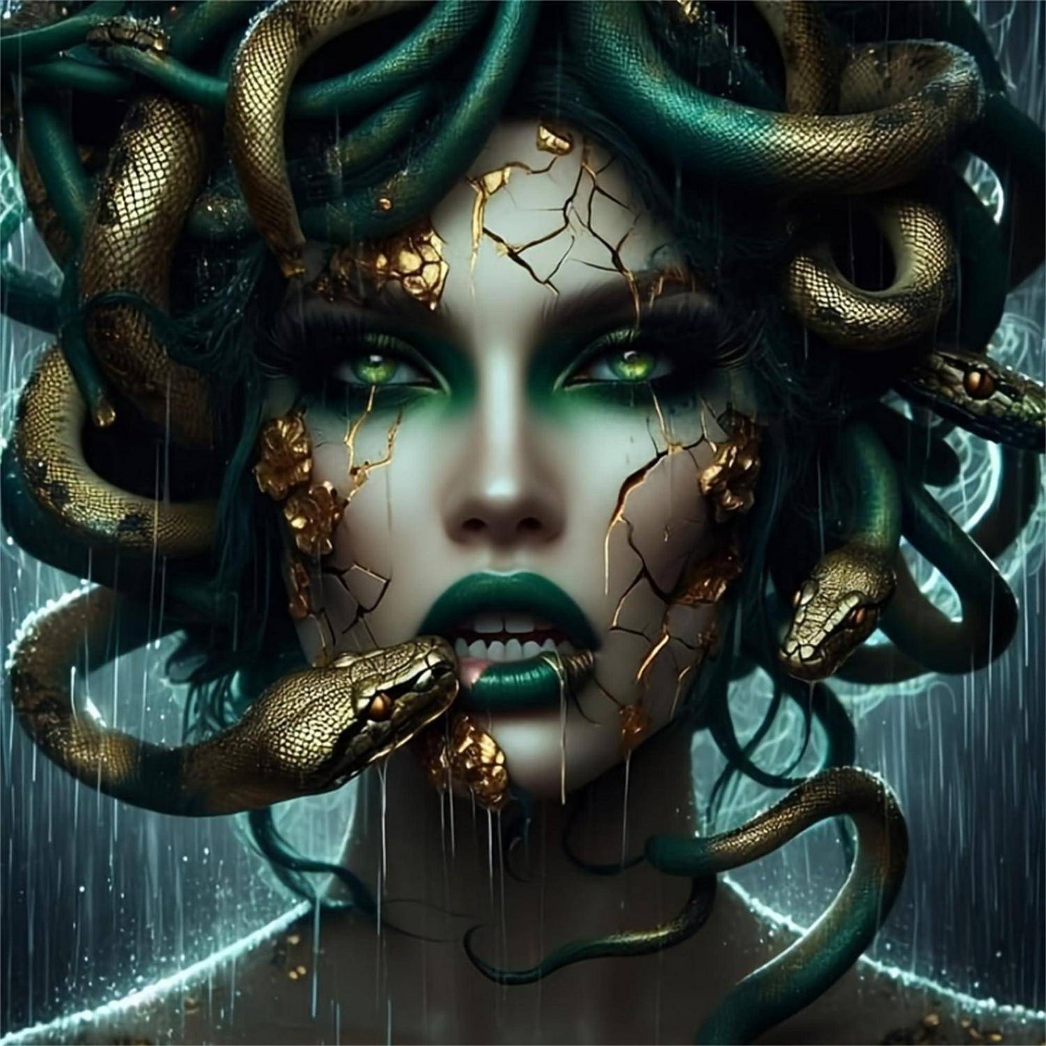 Ein düsteres Fantasy-Porträt einer blassen Frau mit rissiger Haut und leuchtend grünen Augen, umgeben von verschlungenen Schlangen und einer Schlange neben ihrem Mund.