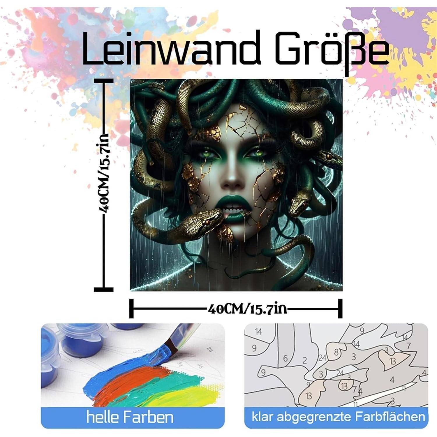 Leinwandgröße 40 cm x 40 cm, mit einem Medusa-Stil-Gesichtsmotiv; die folgenden Beispiele zeigen leuchtende Farben und klar abgegrenzte Farbflächen.