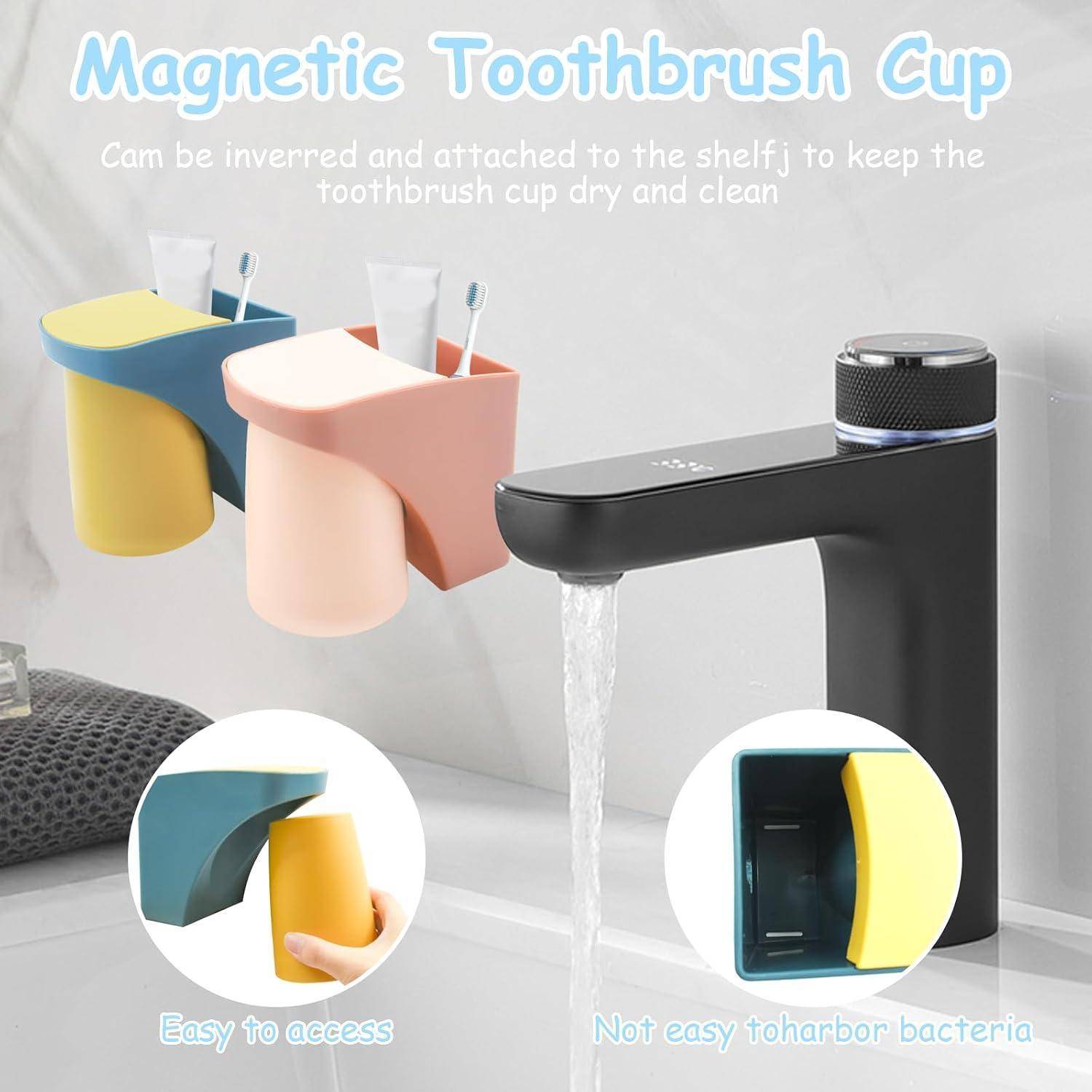 Werbung für magnetische Zahnbürstenbecher, die sich umstülpen und an einem Regal befestigen lassen und Zahnbürsten trocken und sauber halten. Zeigt farbenfrohe Becherhalter mit Bürsten und ein leicht zugängliches Design.