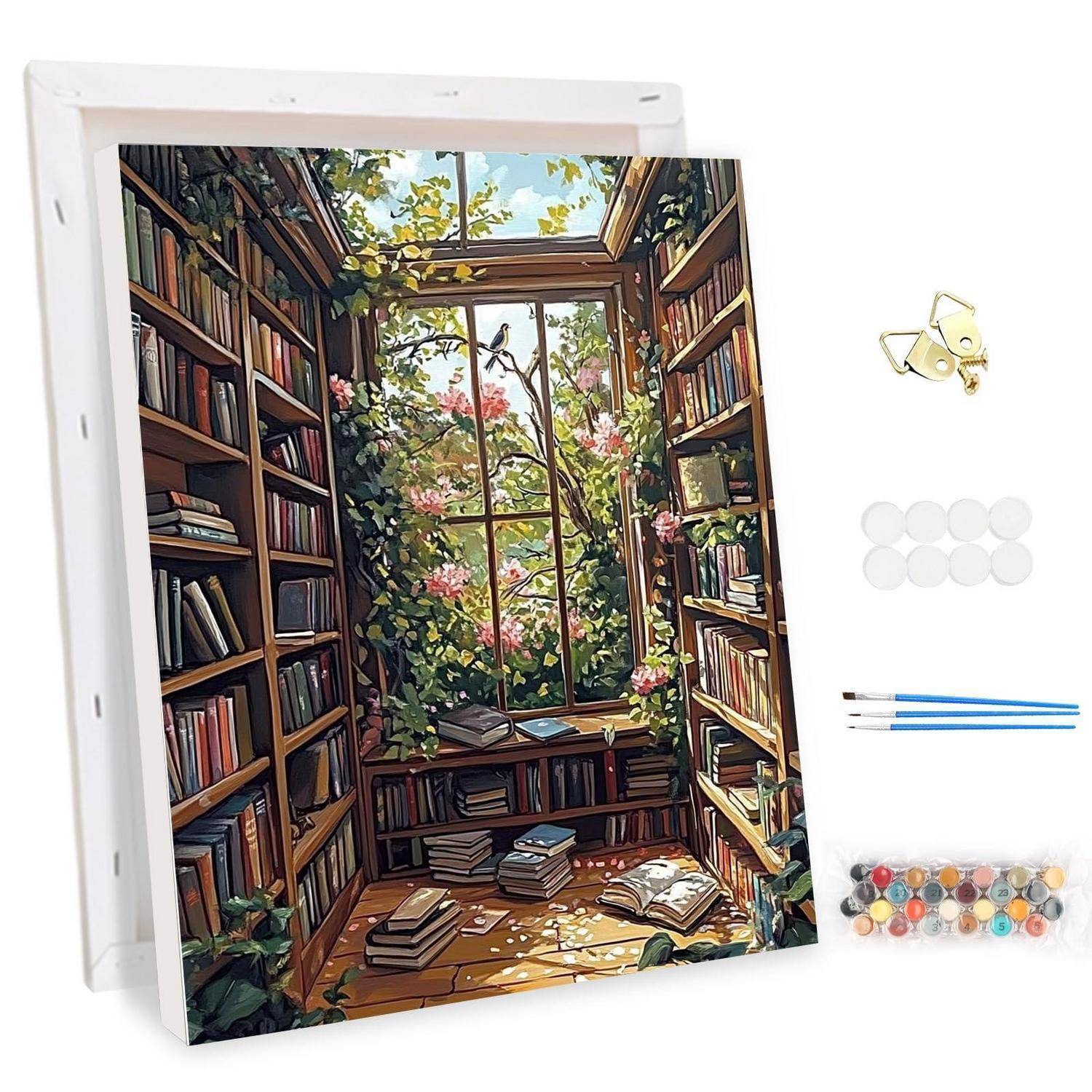 Leinwanddruck einer gemütlichen Bibliothek mit Bücherregalen und einem sonnendurchfluteten Fenster, das mit Efeu und Blumen bedeckt ist; Malutensilien daneben.
