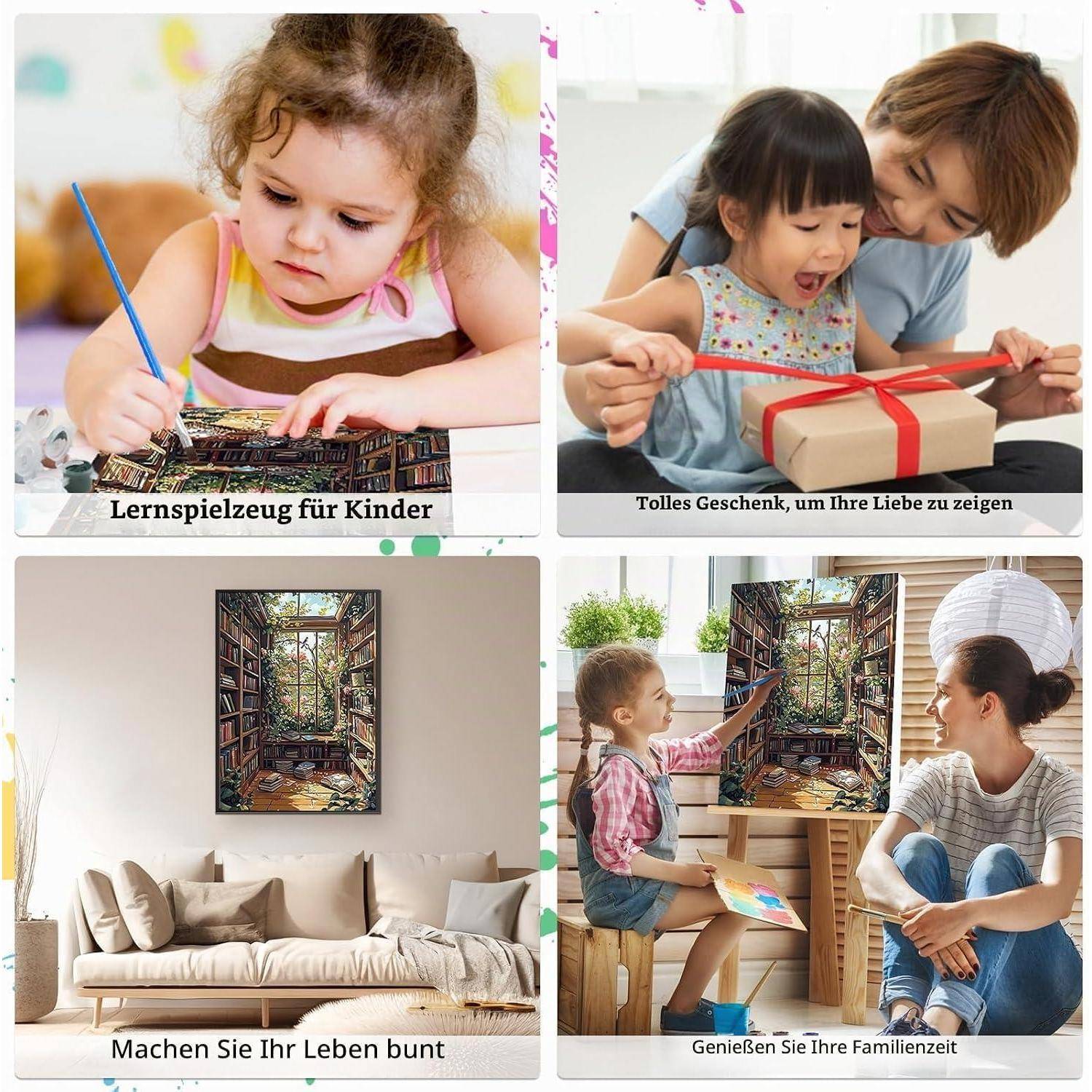 # Vier-teilige Werbekollage: Kinder nutzen Lernspielzeug, Mutter und Kind öffnen Geschenk, Wandkunst im Wohnzimmer und Familie genießt gemeinsame Zeit zusammen mit Beschriftungen auf Deutsch.