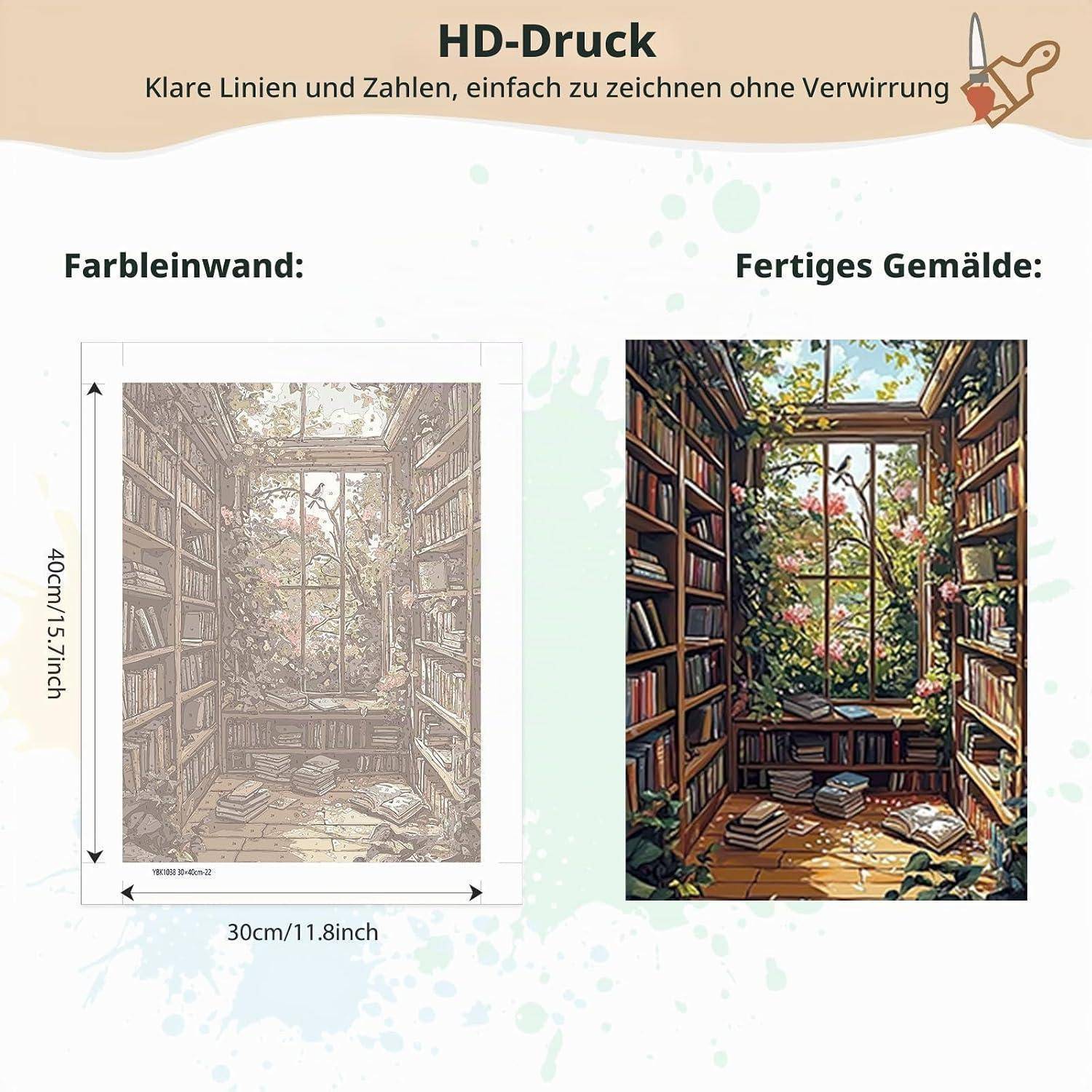 Vorher-und-nachher-Darstellung eines HD-Drucks: links eine schwache Strichzeichnung auf einer 30 cm x 40 cm großen Leinwand, rechts die fertige, farbenfrohe Bibliotheksszene mit Fenster und Büchern.