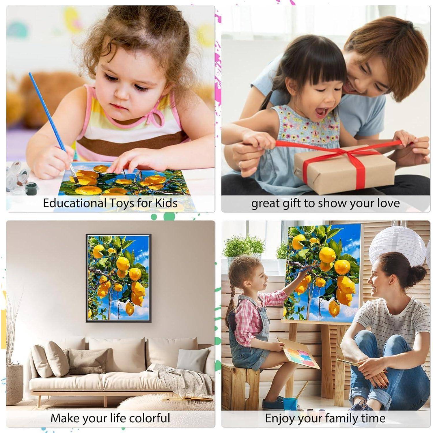 Vier-Panel-Collage: Kind malt, Elternteil und Kind öffnen ein Geschenk, ein farbenfrohe Obstkunstwerk in einem Wohnzimmer und Familienzeit mit einem Kind, das neben einem Elternteil malt.