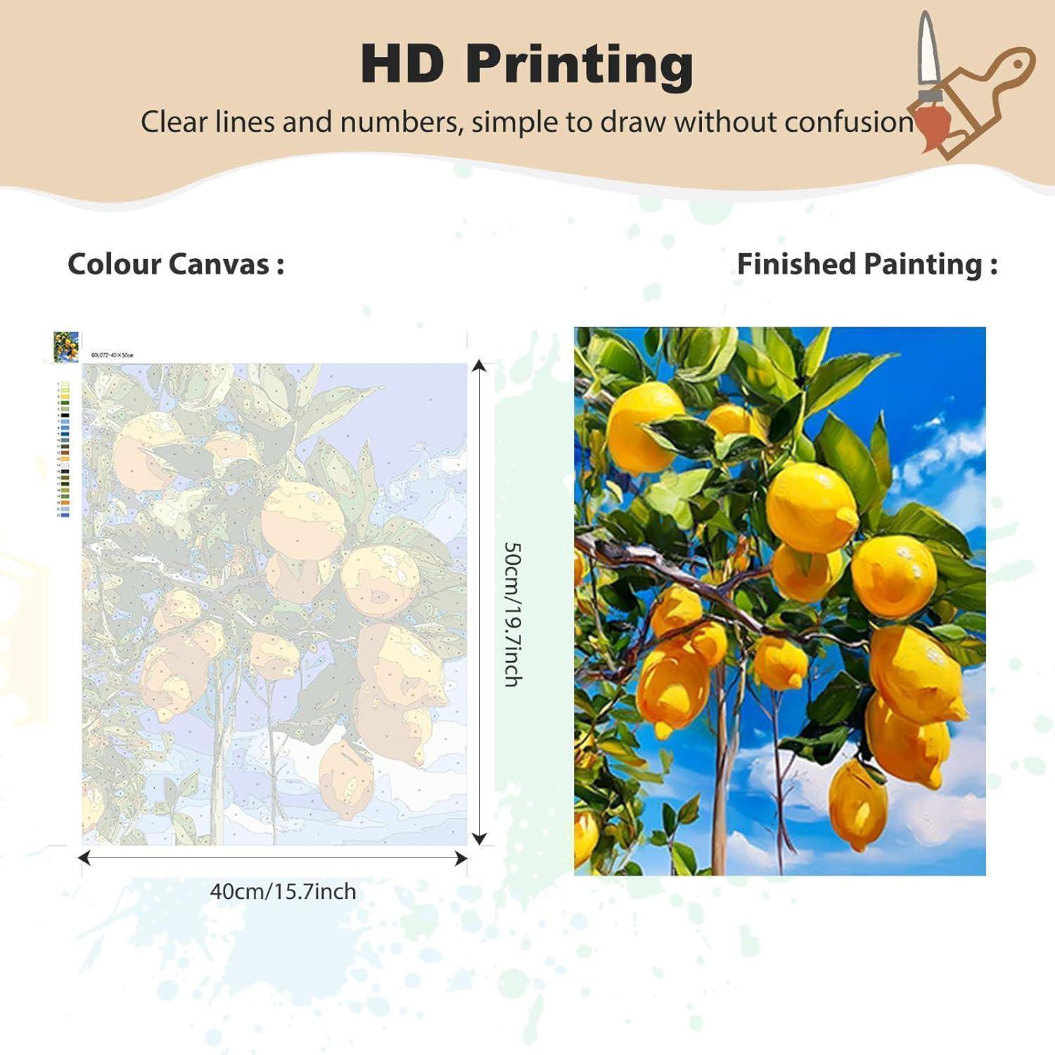 HD-Druck Diamond Painting Werbung mit einer farbigen Leinwandkontur neben dem fertigen Zitronenbaumgemälde, Größe 40 cm x 50 cm.