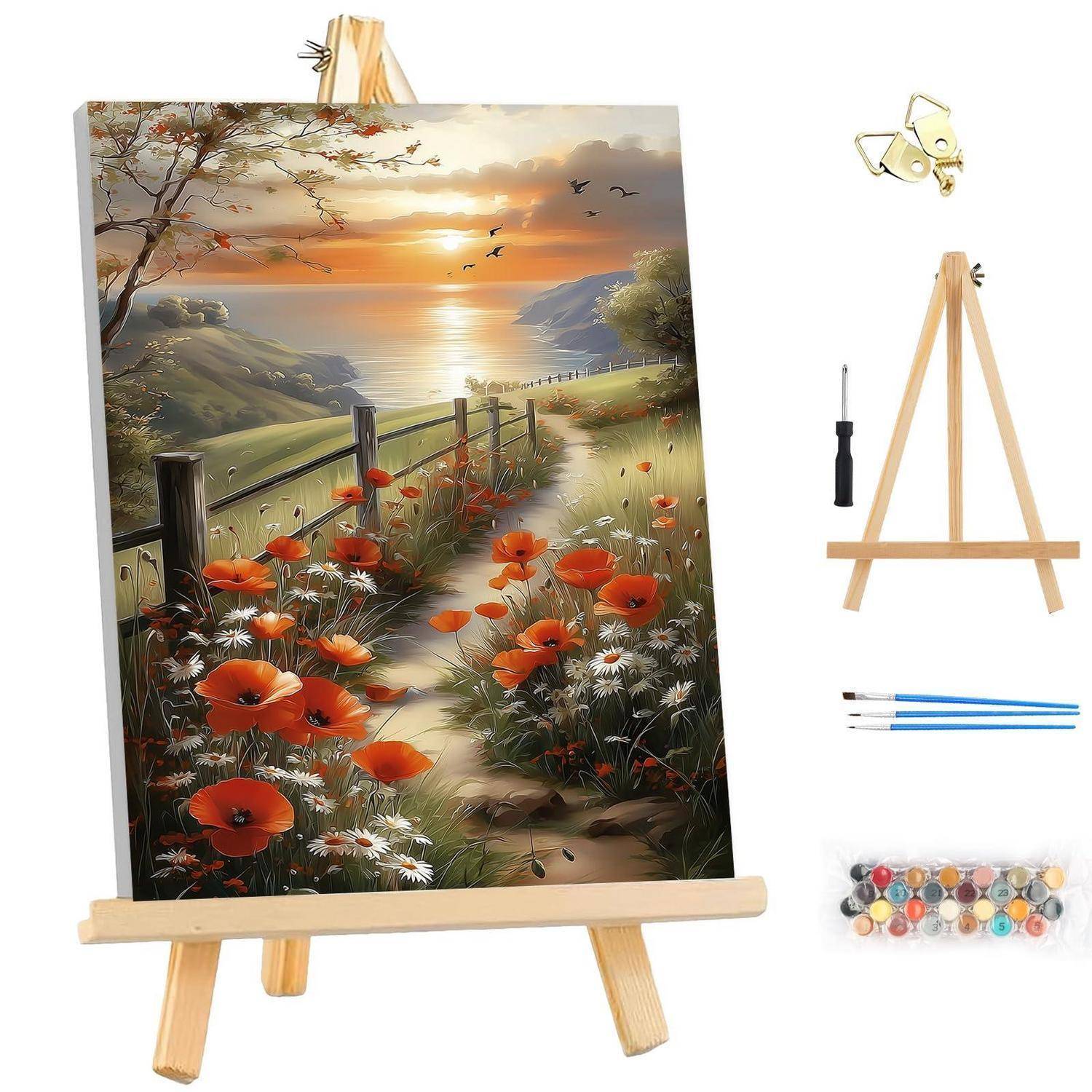 Kunstmaler-Set mit Landschaftsgemälde von Mohnblumen bei Sonnenuntergang, dargestellt mit einer kleinen Holzstaffelei, Schraubendreher, Pinseln und Farbset.