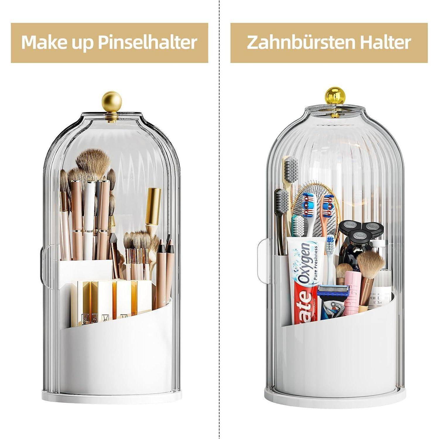 Zwei durchsichtige Behälter für Make-up und Zahnbürsten nebeneinander dargestellt, jeweils mit goldenem Knopfdeckel und weißer Basis, auf Deutsch beschriftet.