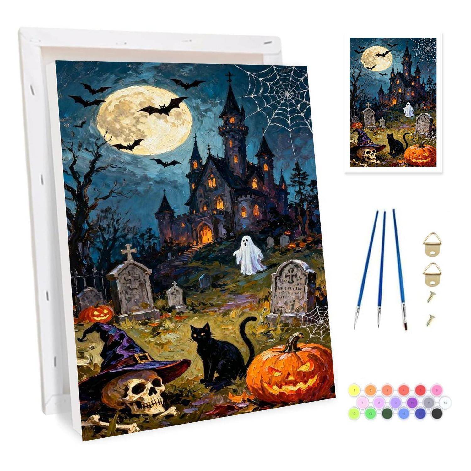 Halloween-Malbuch-Set mit durchnummerten Feldern, das ein Spukschloss unter einem Vollmond zeigt, mit Kürbissen, Fledermäusen, einem Gespenst und einer schwarzen Katze, sowie Pinseln und Farbtöpfen.