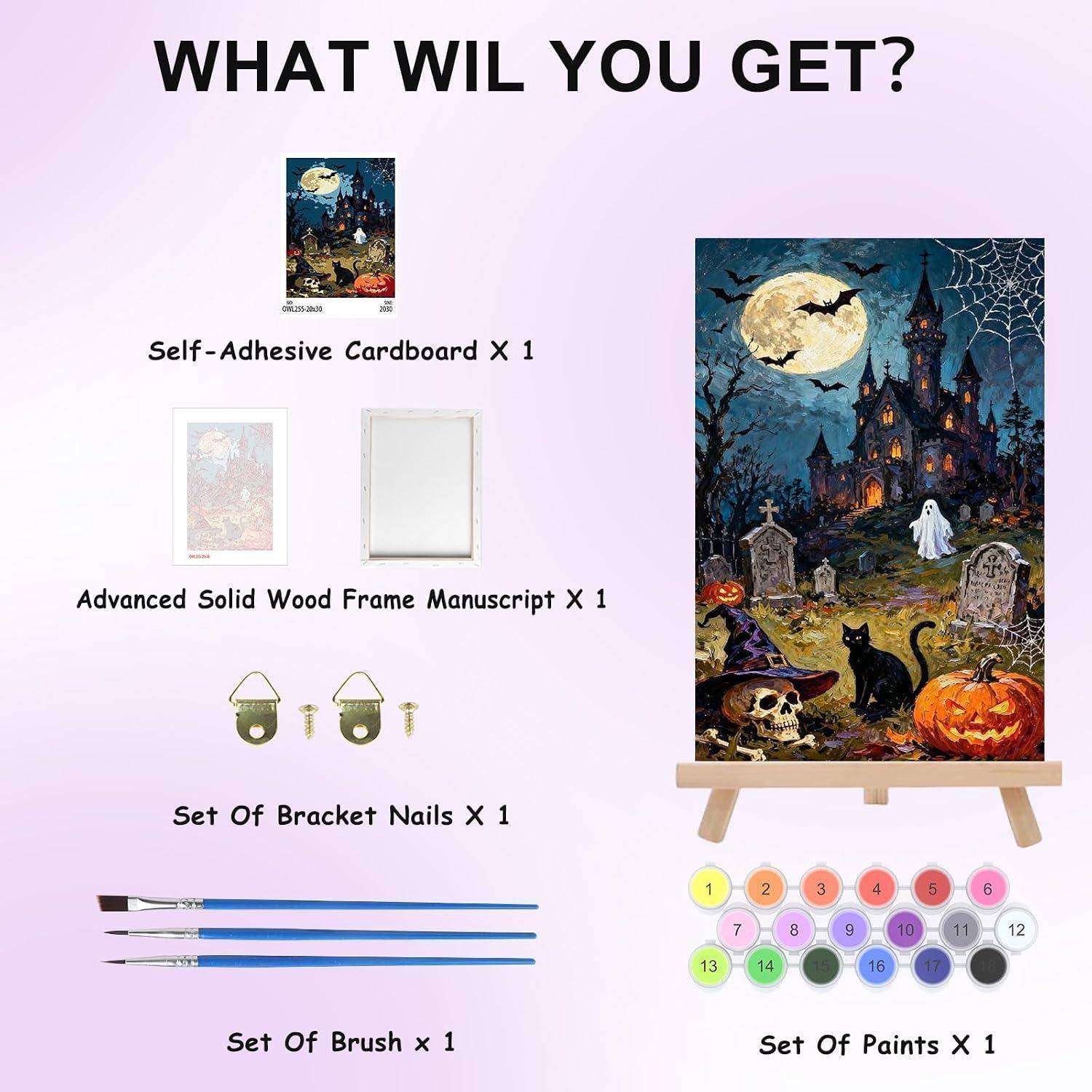 Inhalt des Diamond-Painting-Sets: selbstklebendes Papier, Holzrahmen-Anleitung, Halterungsnägel, Pinselsatz und 1 Satz Farben, gezeigt mit einem Halloween-Schloss-Kunstwerk auf einer Staffelei.
