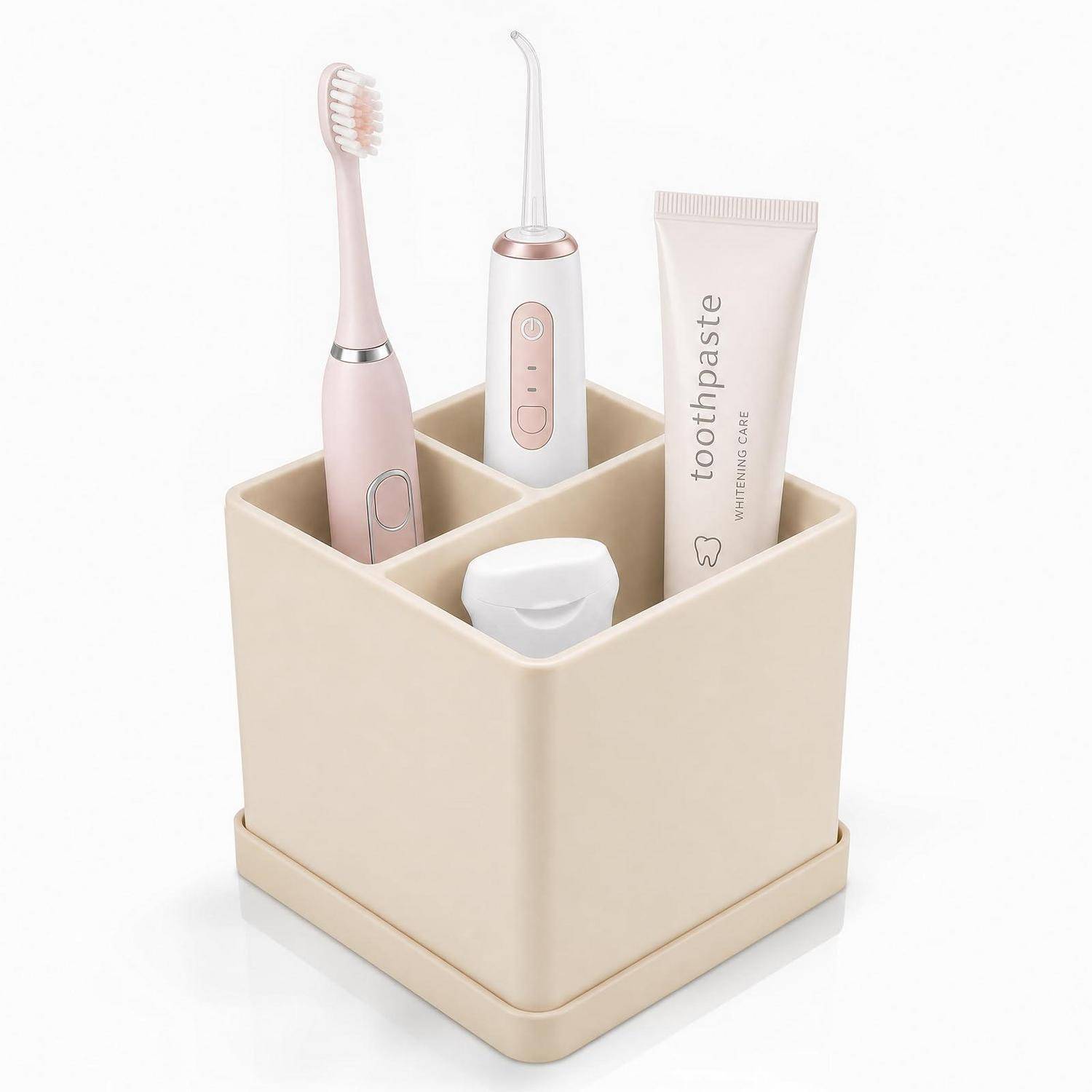 Beige Badorganizer mit einer Zahnbürste, elektrischem Zahnseide-Gerät, Zahnpastatube und einem kleinen Behälter auf einem Sockel.