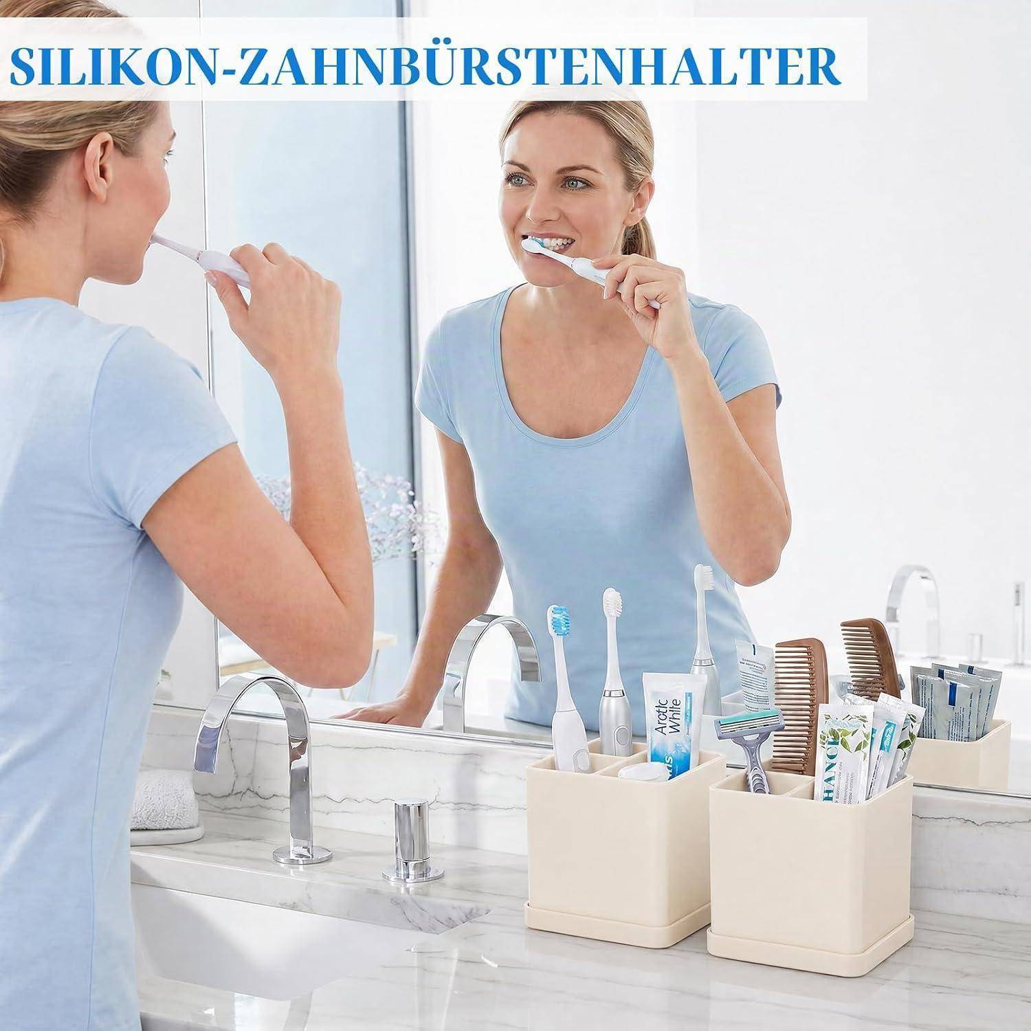 Frau, die sich im Badezimmer neben einem mit „SILIKON-ZAHNBÜRSTENHALTER