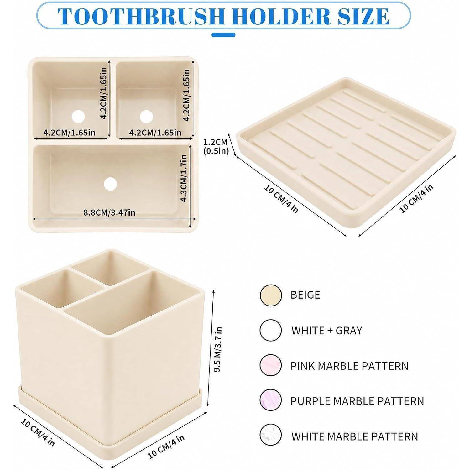 Diagramm eines beigen Zahnbürstenhalters mit Größenangaben, Fächern und verfügbaren Farben/Mustern: beige, weiß und grau, rosa Marmor, lila Marmor und weißer Marmor.