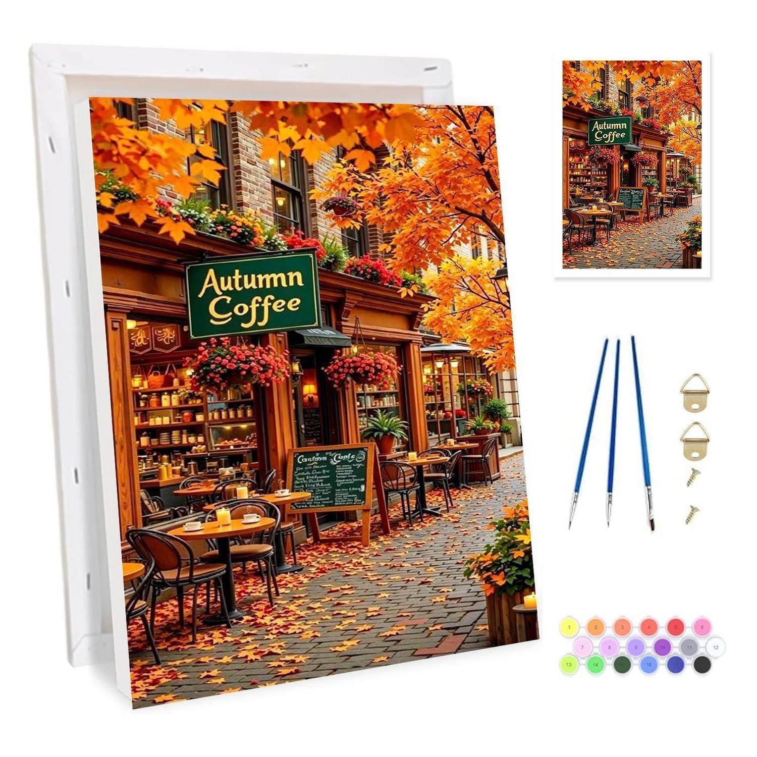 Leinwanddruck einer herbstlichen Café-Szene mit „Autumn Coffee